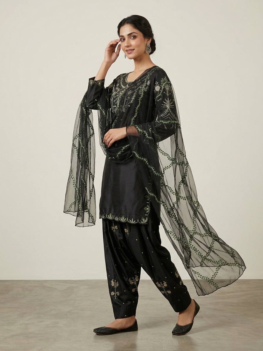 Black Sequinsd Satin Semi-Patiala Suit
