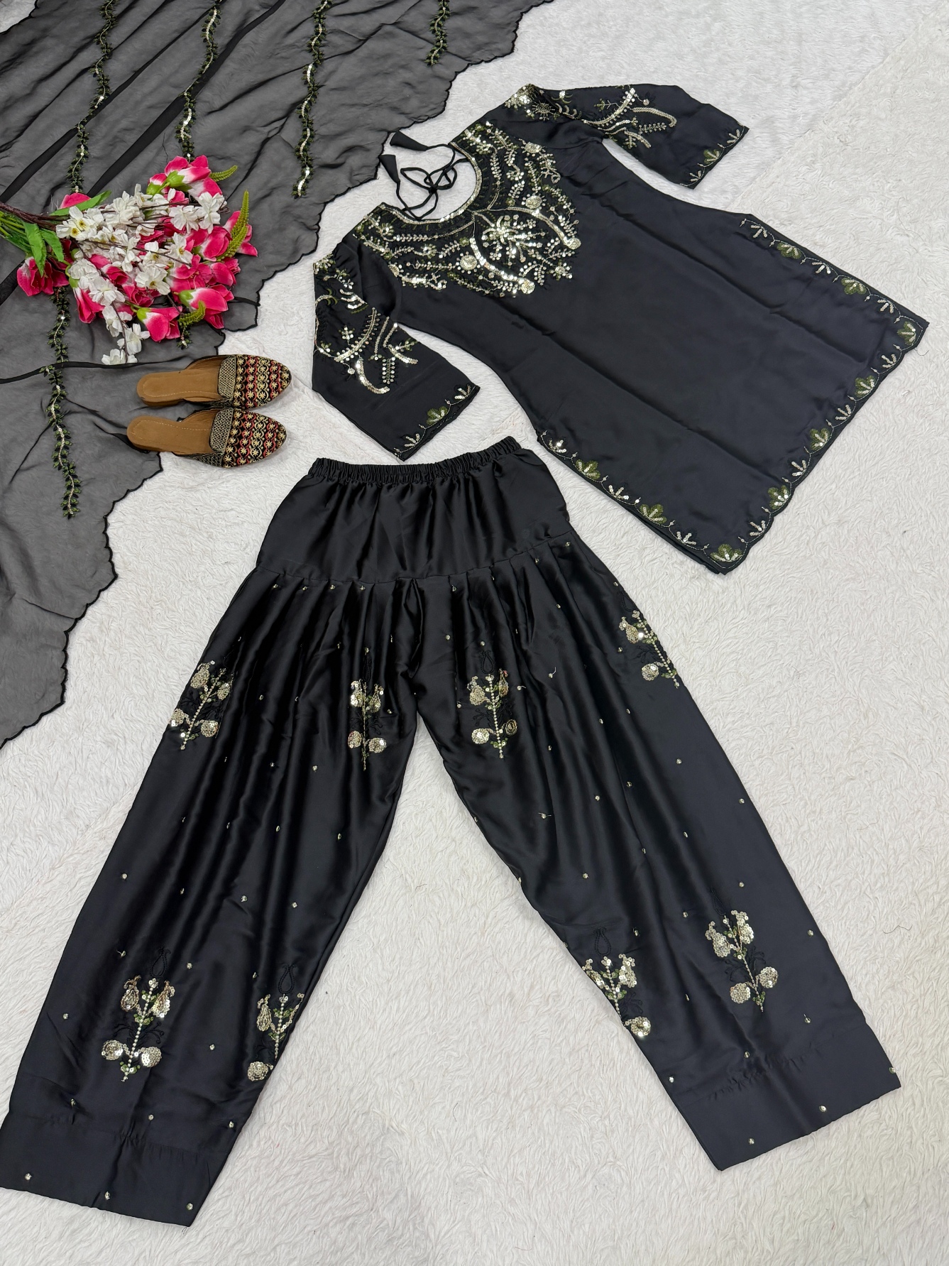 Black Sequinsd Satin Semi-Patiala Suit