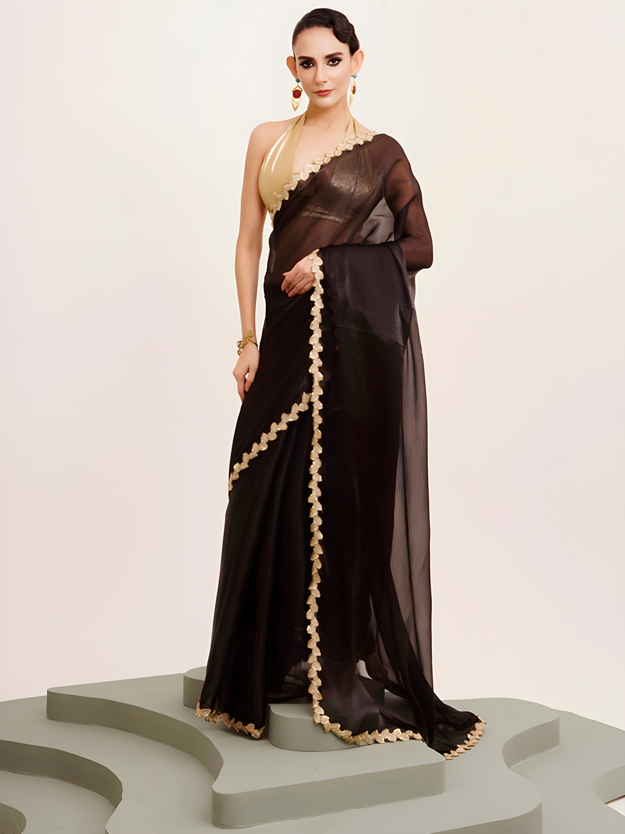 Black Sequin Cording Lace Border Jimmy Choo Silk Saree