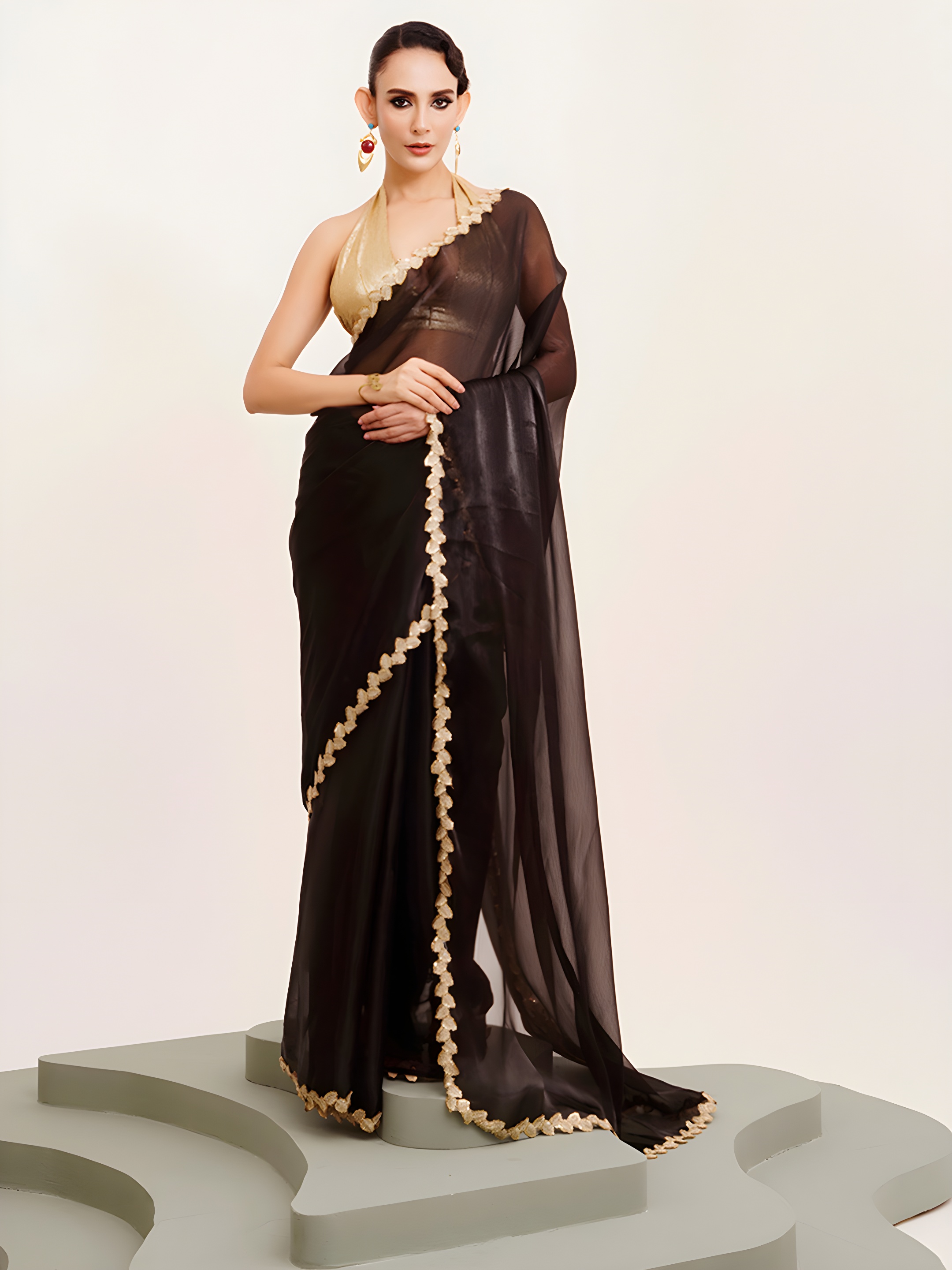 Black Sequin Cording Lace Border Jimmy Choo Silk Saree