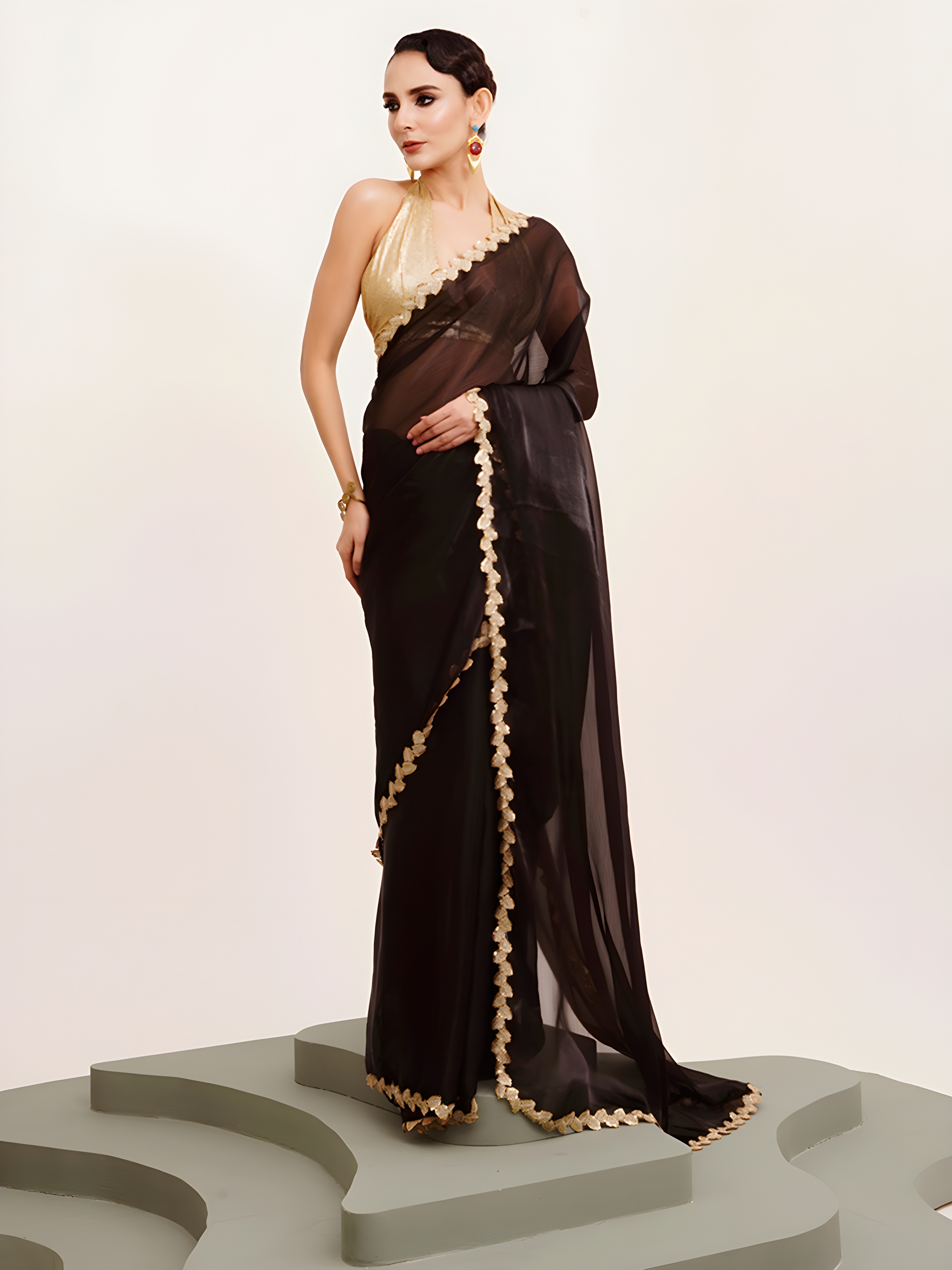 Black Sequin Cording Lace Border Jimmy Choo Silk Saree