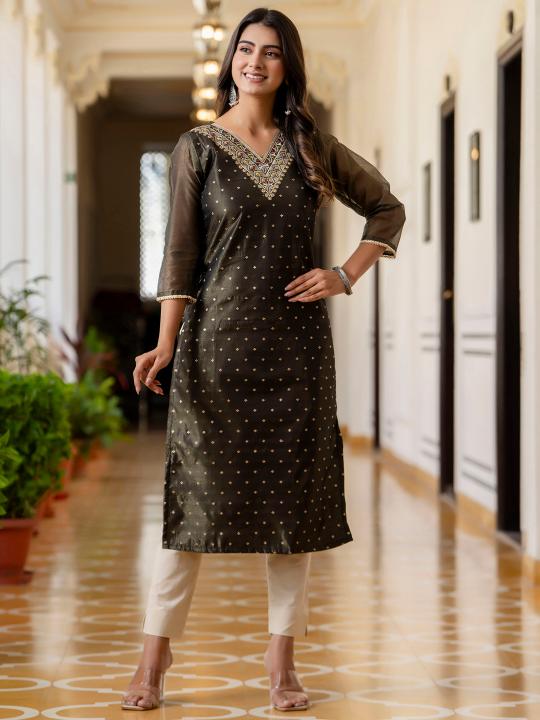 Black Shimmer Silk Embroidery Kurti