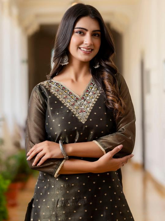 Black Shimmer Silk Embroidery Kurti — alternate view