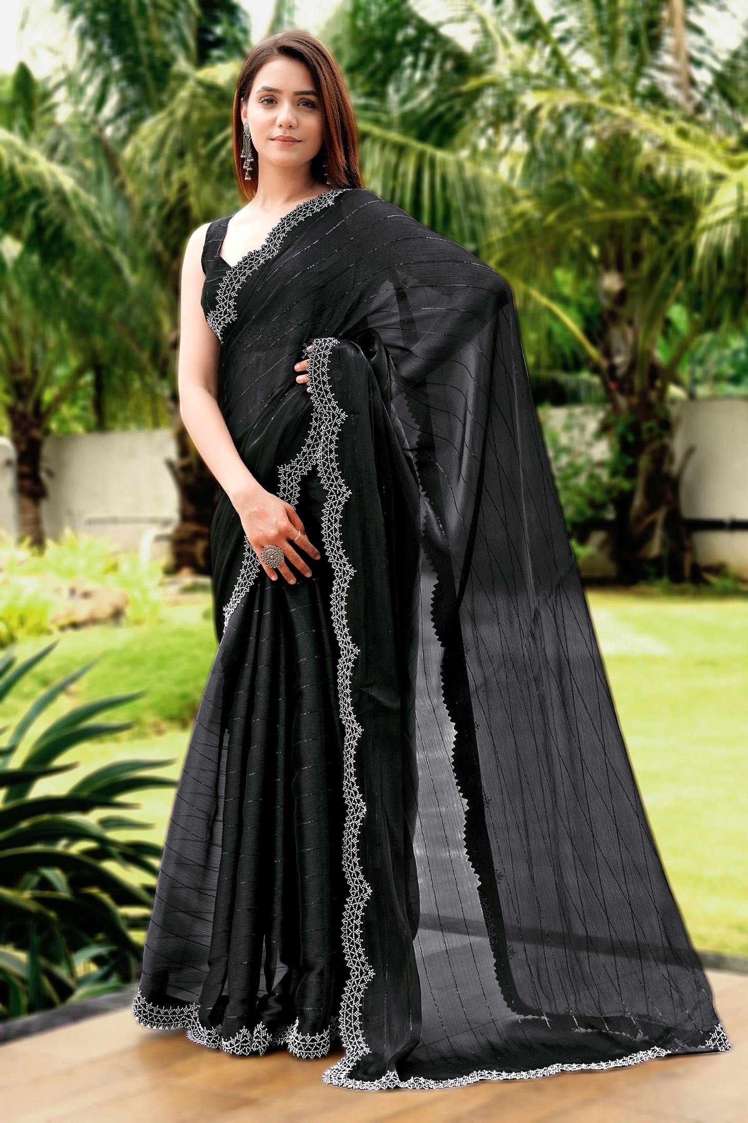 Black Silk Cutwork Diamond Heavy Border Designer Saree