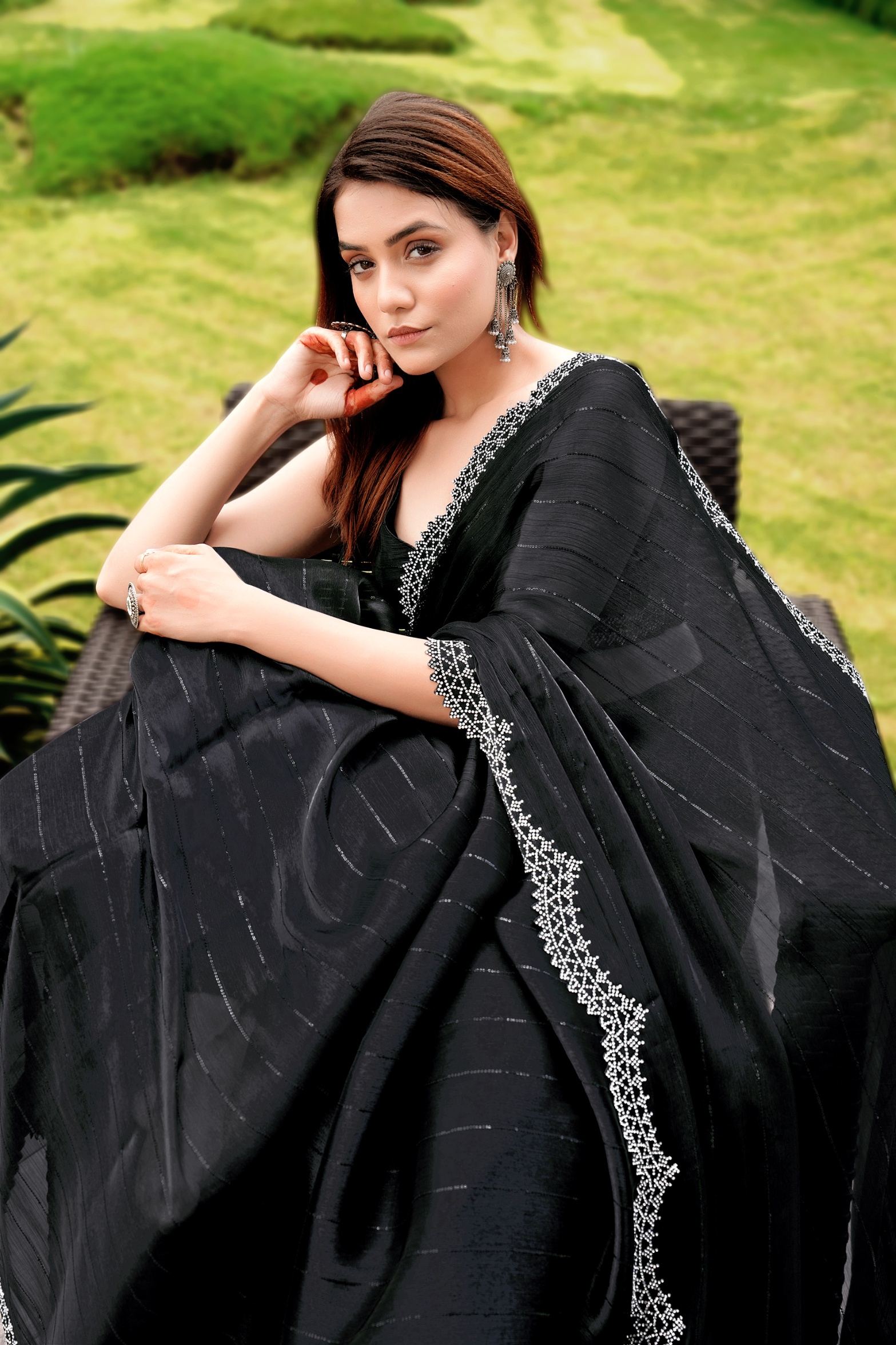 Black Silk Cutwork Diamond Heavy Border Designer Saree
