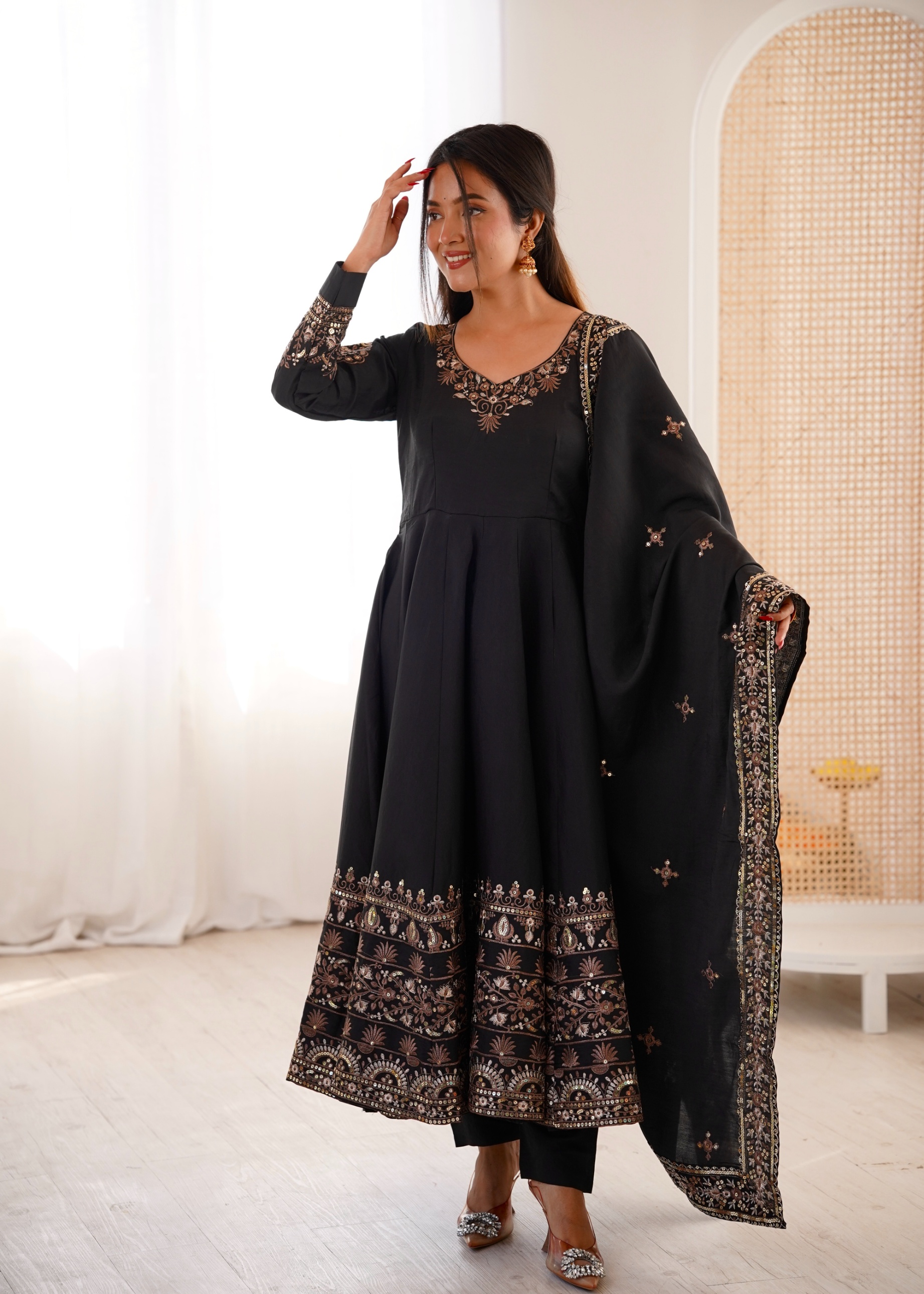 Black Silk Embroidered Flared Anarkali Suit