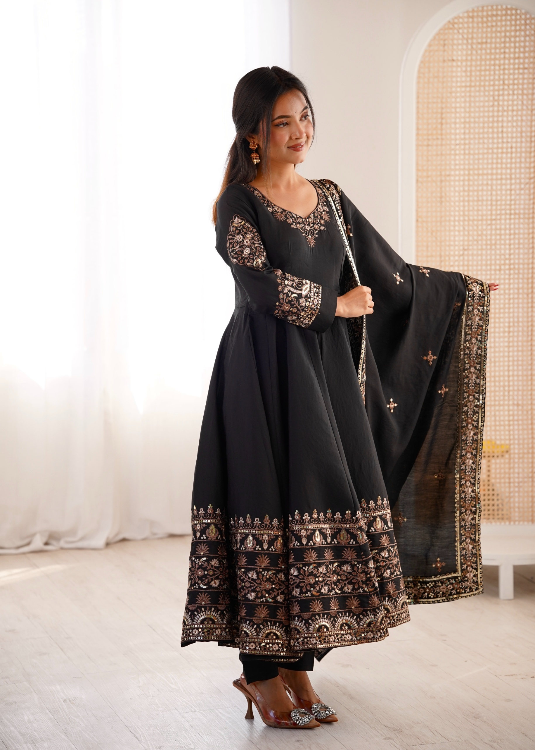 Black Silk Embroidered Flared Anarkali Suit — alternate view