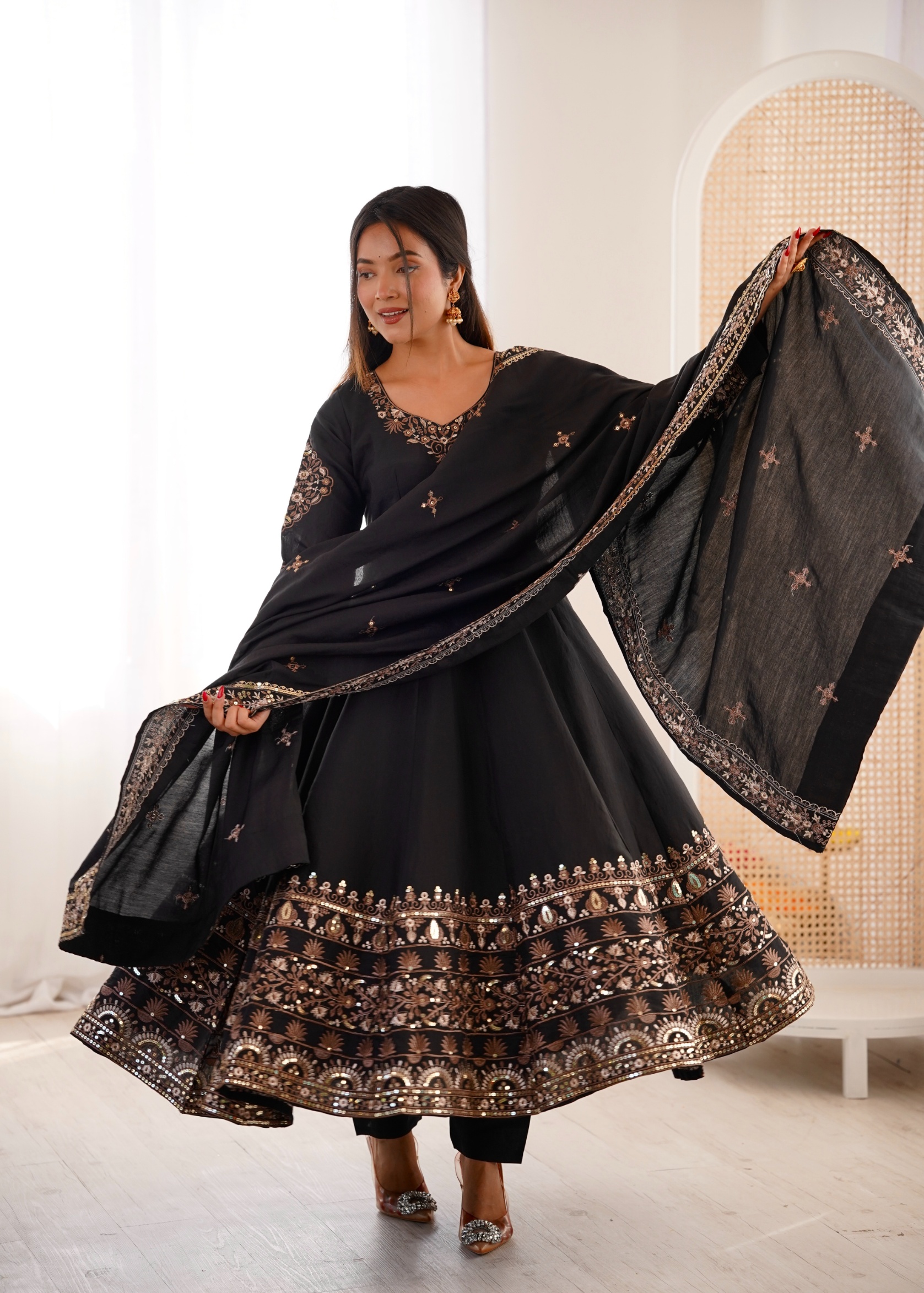 Black Silk Embroidered Flared Anarkali Suit