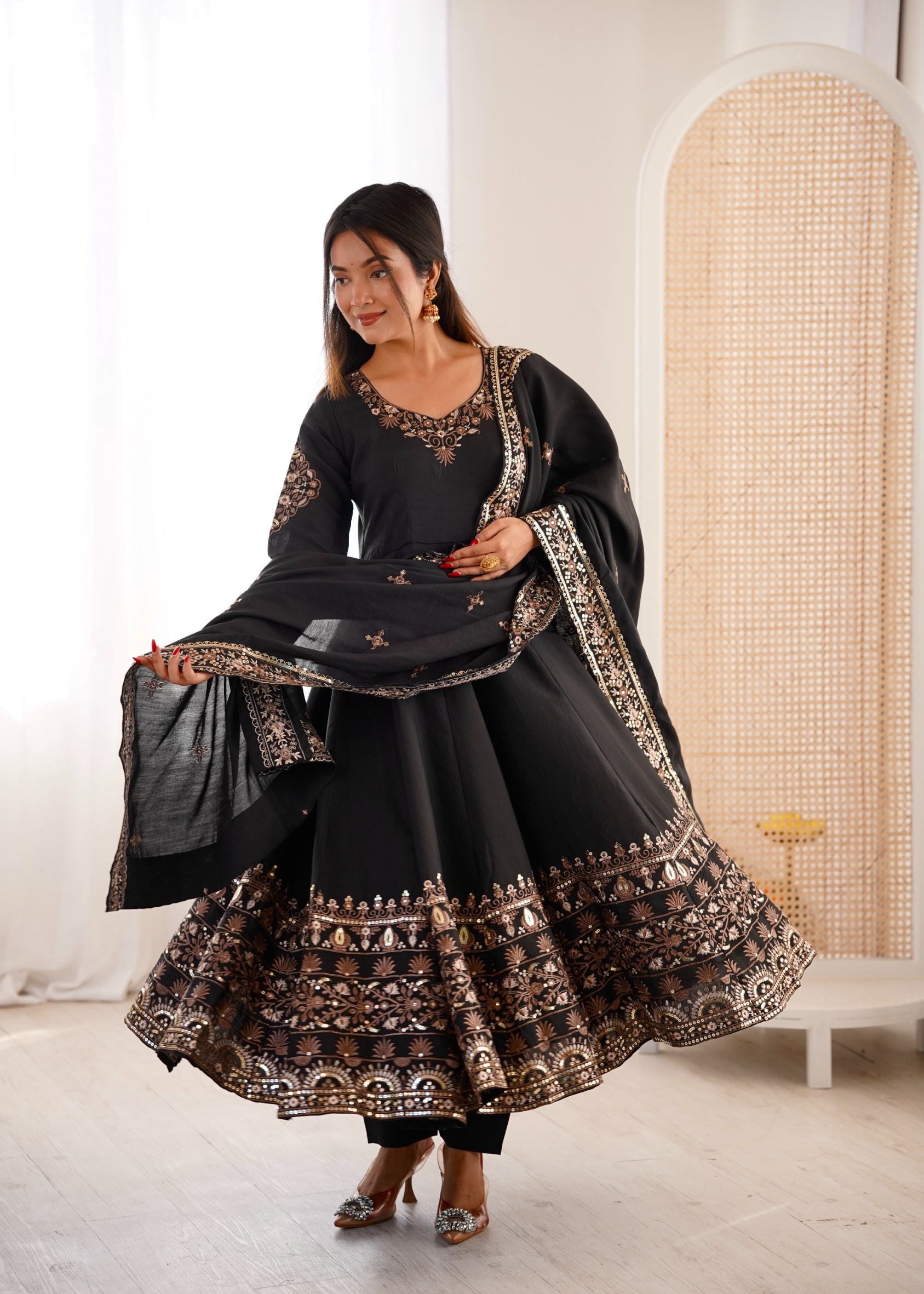 Black Silk Embroidered Flared Anarkali Suit