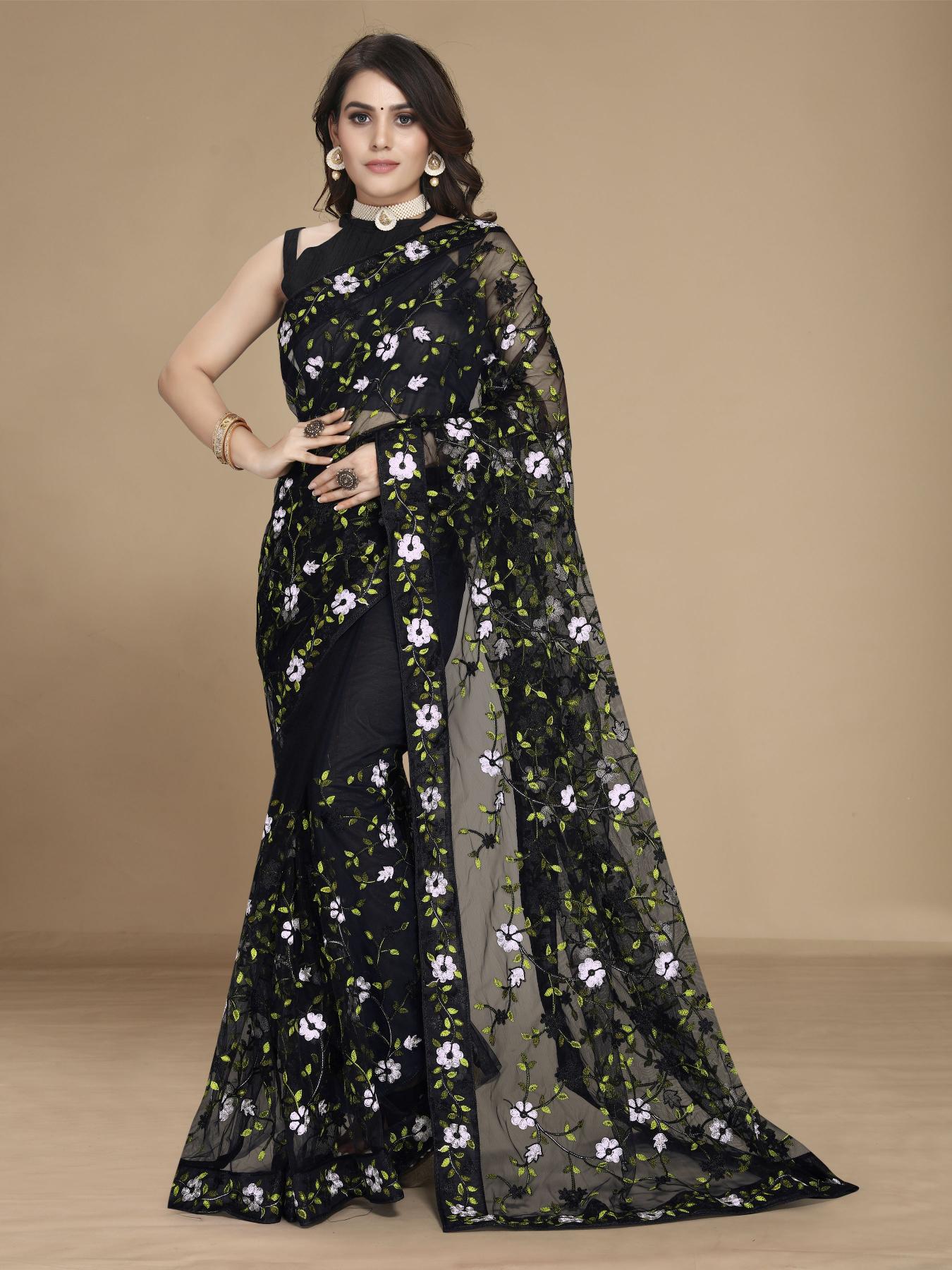 Black Soft Net Embroidered Saree