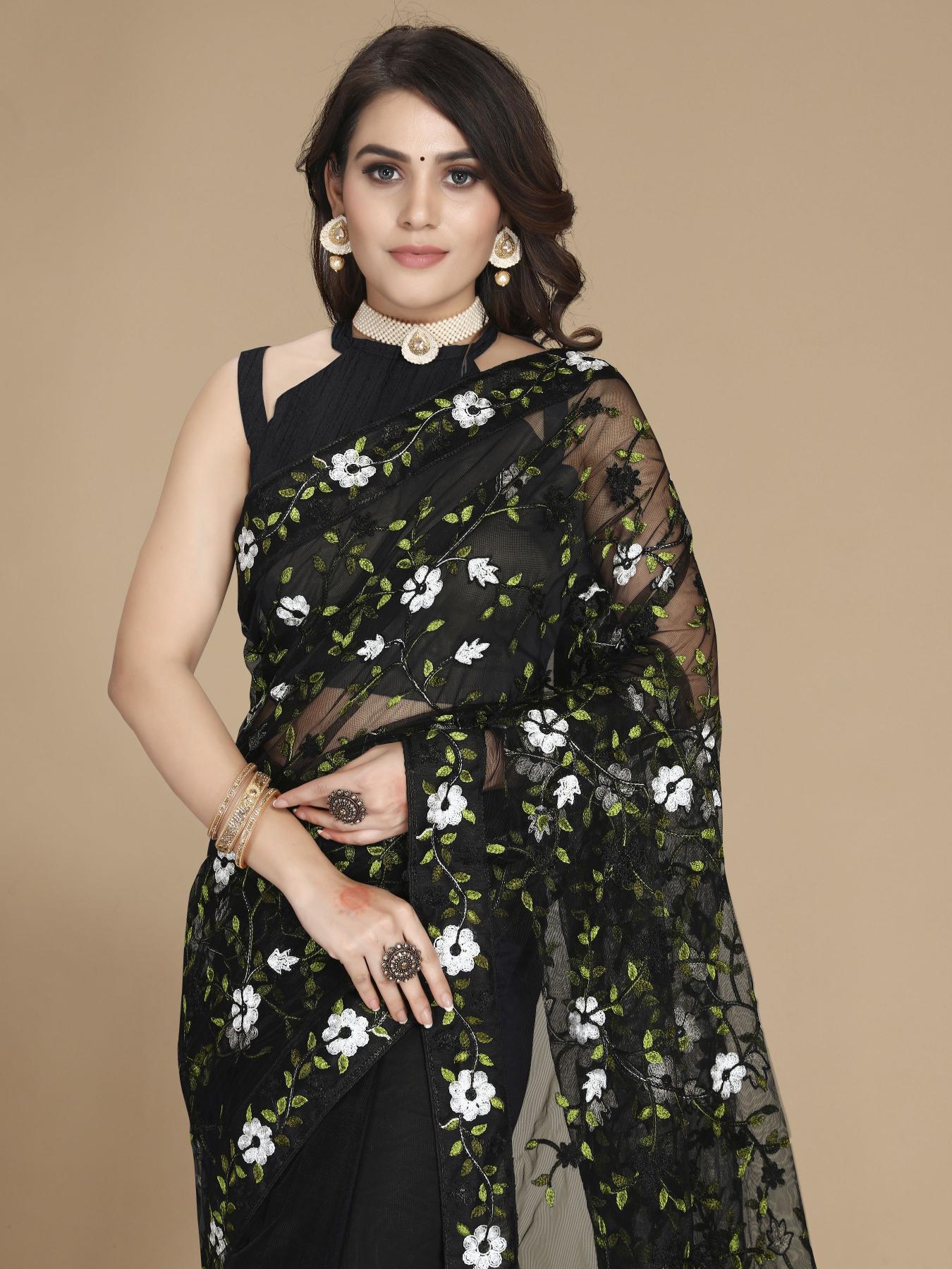 Black Soft Net Embroidered Saree