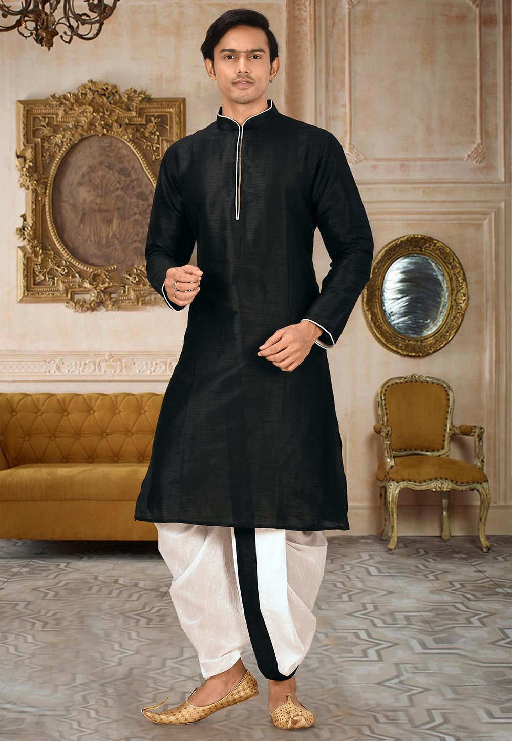 Black Solid Art Silk Minimal Kurta Dhoti Set