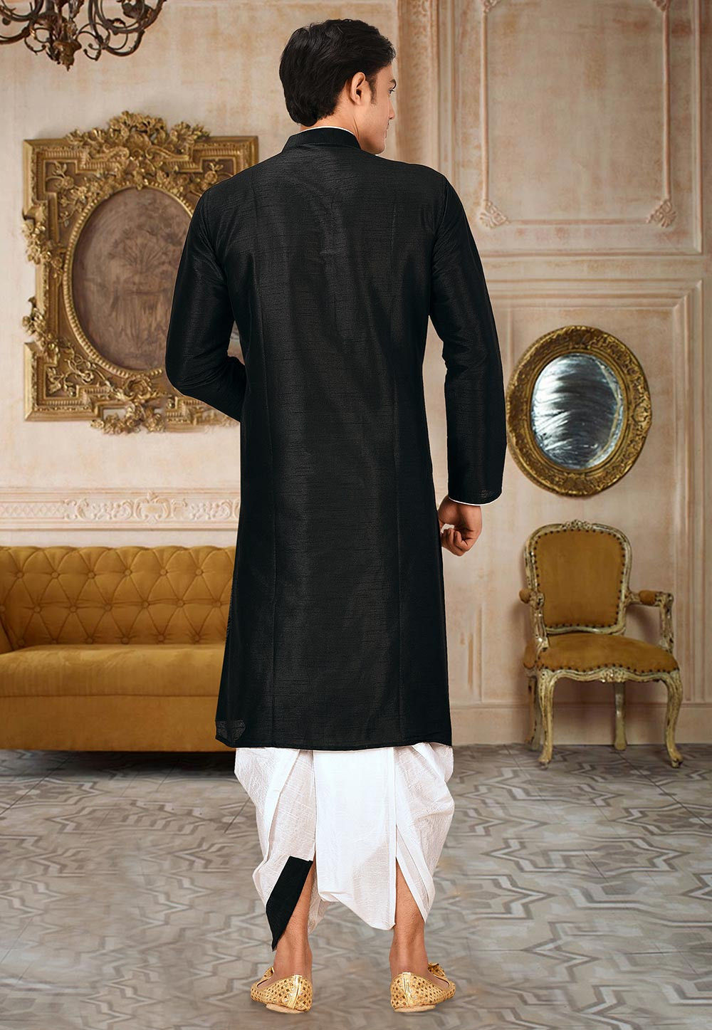 Black Solid Art Silk Minimal Kurta Dhoti Set — alternate view