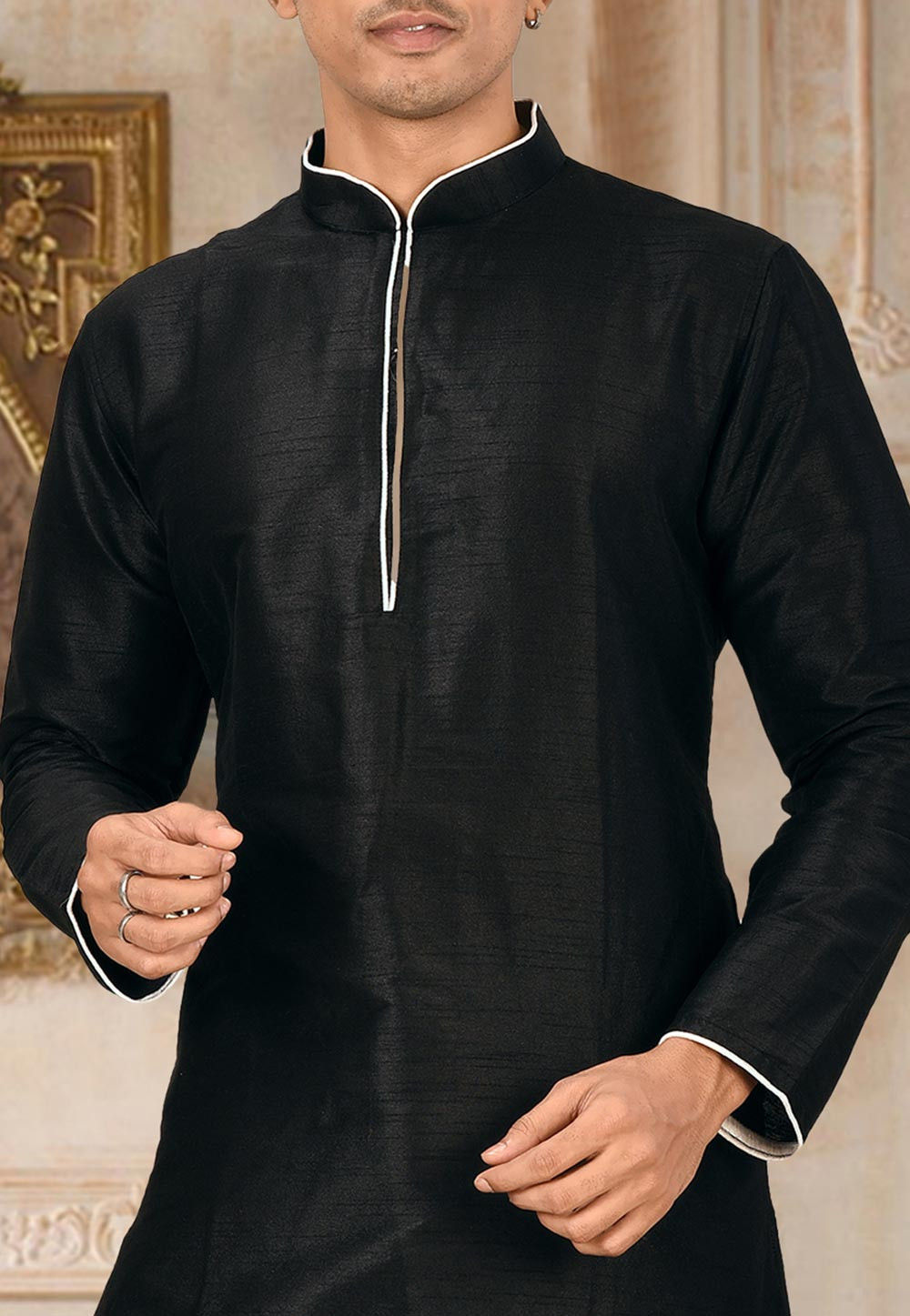 Black Solid Art Silk Minimal Kurta Dhoti Set