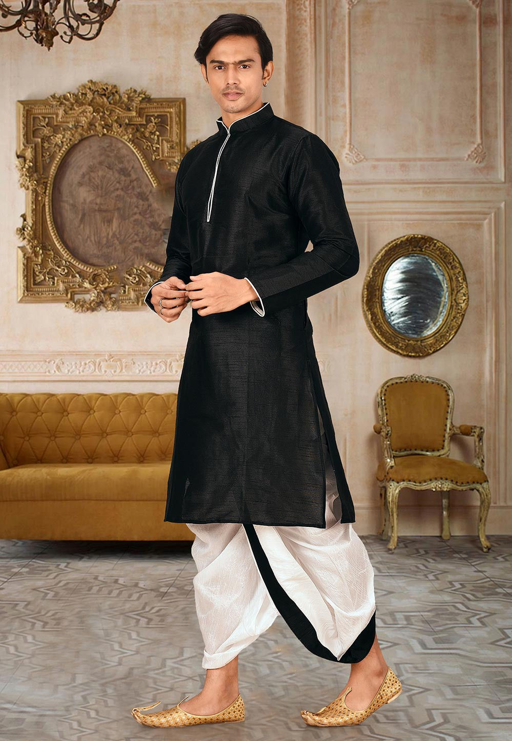 Black Solid Art Silk Minimal Kurta Dhoti Set