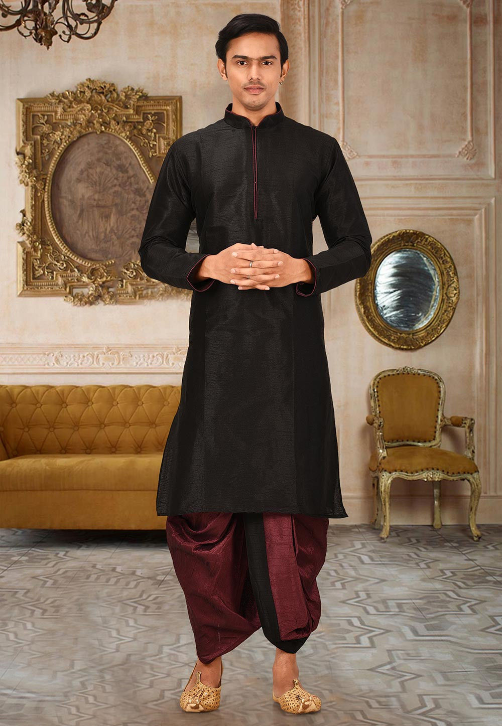 Black Solid Art Silk Regal Kurta Dhoti Set