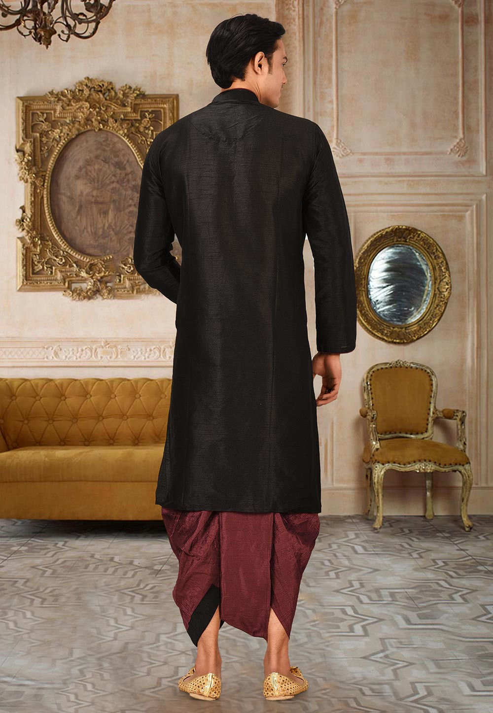 Black Solid Art Silk Regal Kurta Dhoti Set — alternate view