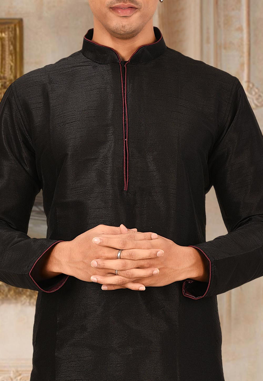 Black Solid Art Silk Regal Kurta Dhoti Set