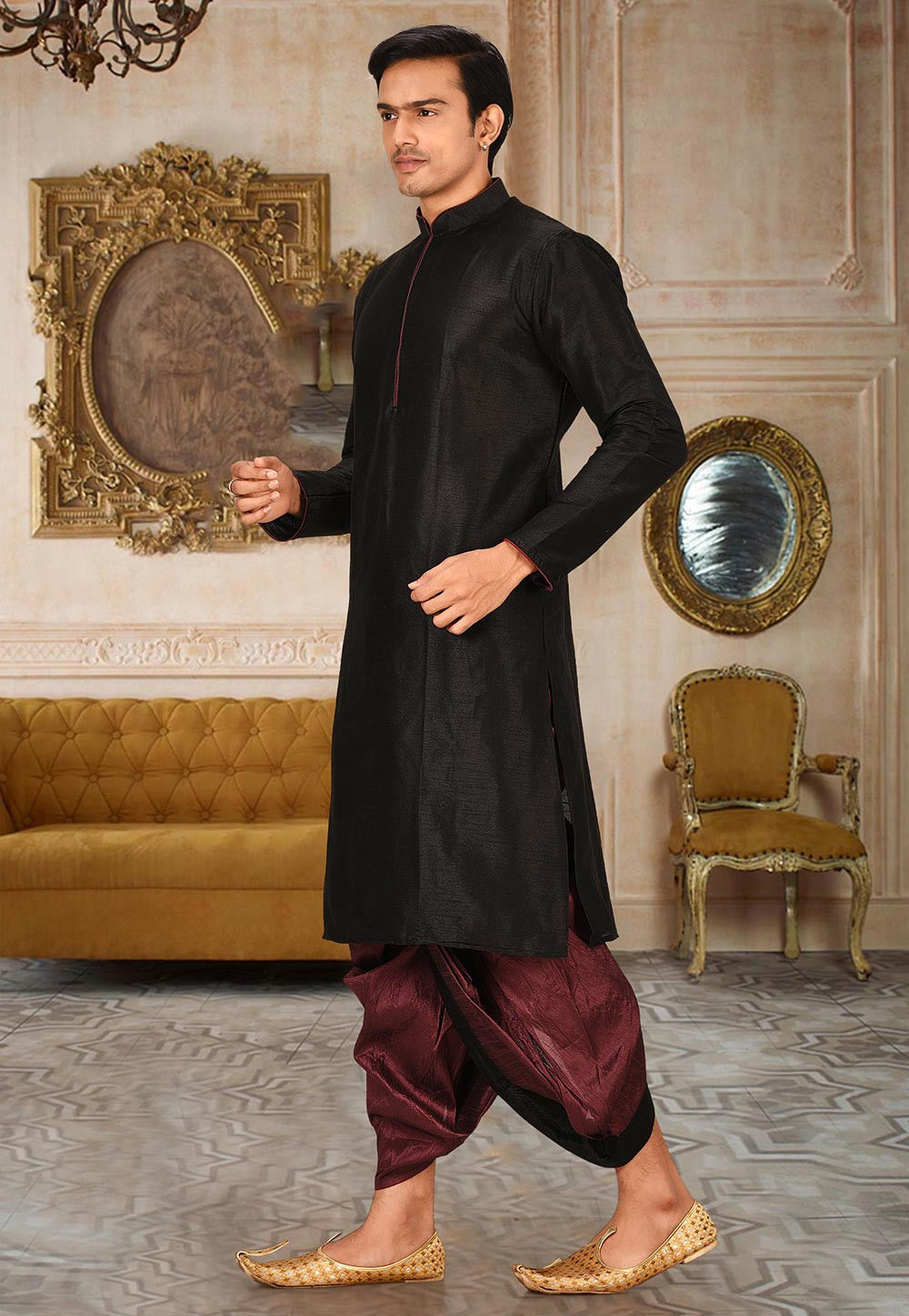 Black Solid Art Silk Regal Kurta Dhoti Set
