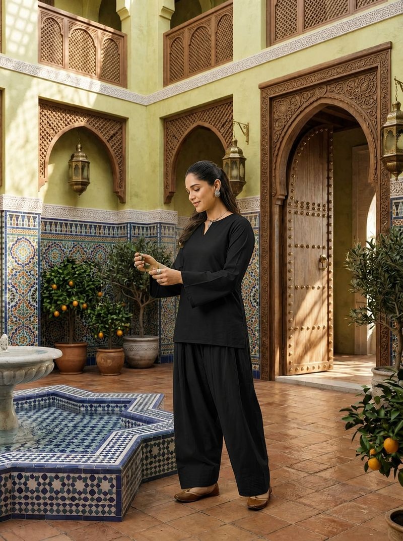 Black Solid Designer Cotton Straight Co-Ord Set — alternate view