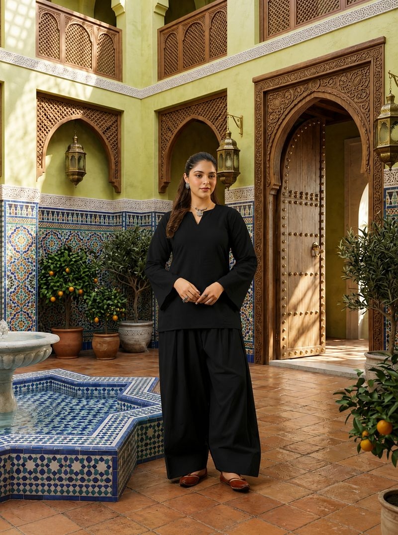 Black Solid Designer Cotton Straight Co-Ord Set