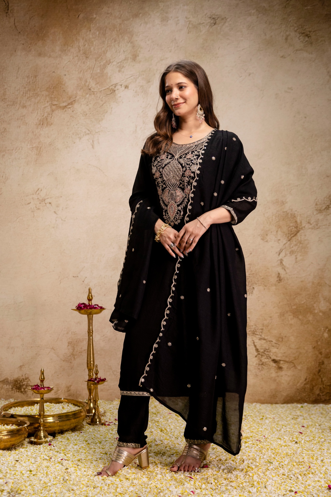 Black Solid Designer Embroidery Vichitra Silk Salwar Suit