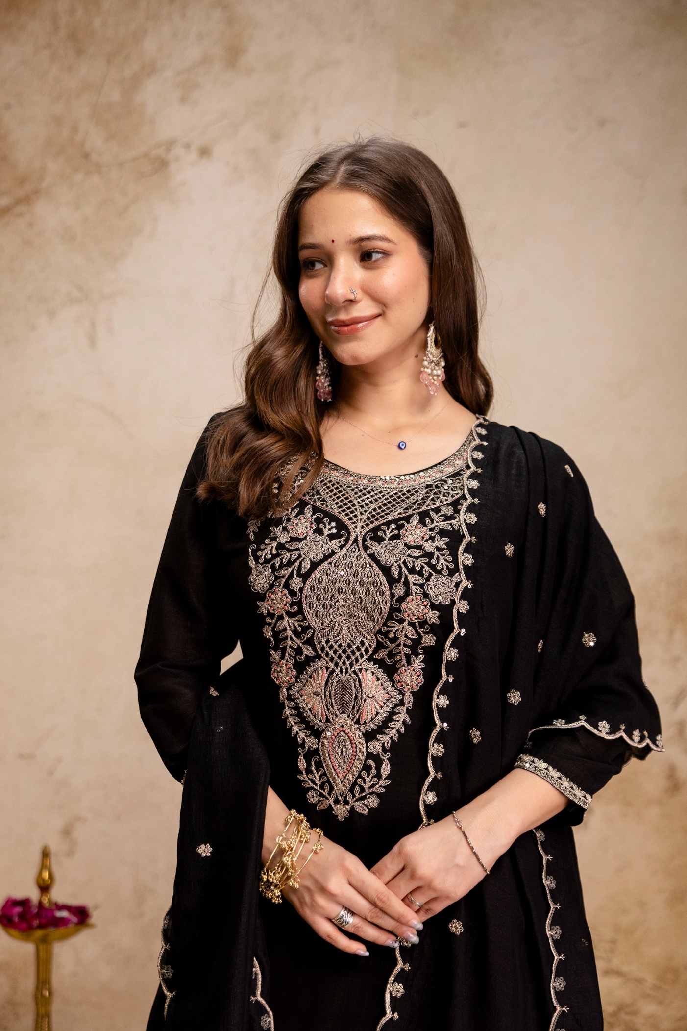 Black Solid Designer Embroidery Vichitra Silk Salwar Suit