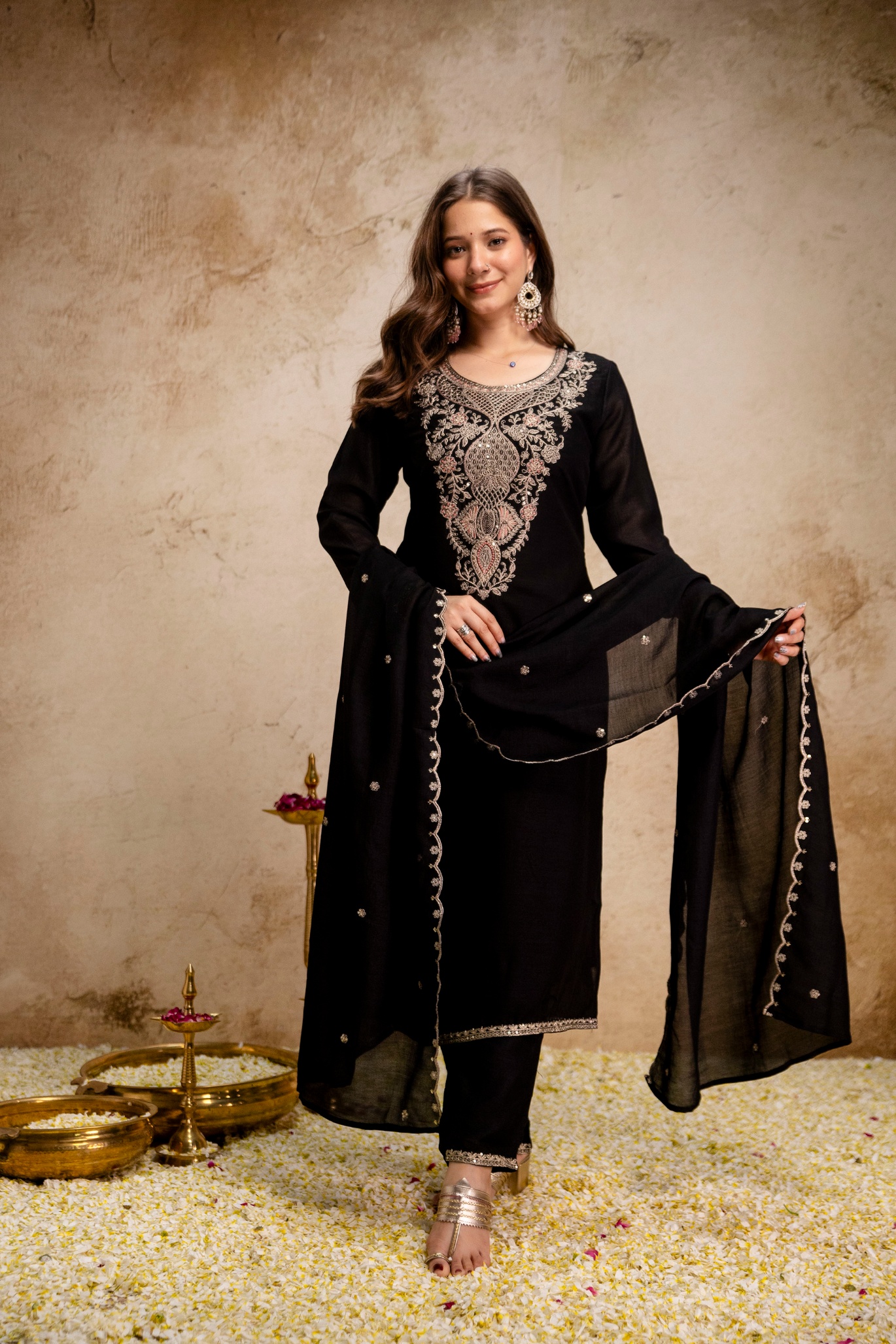 Black Solid Designer Embroidery Vichitra Silk Salwar Suit