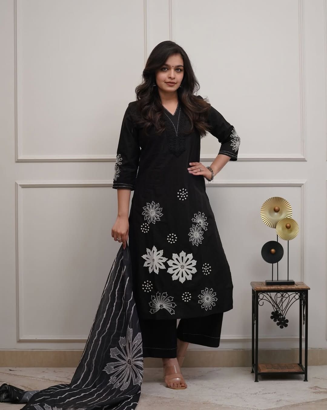 Black Solid Embroidered Rayon Straight Suit