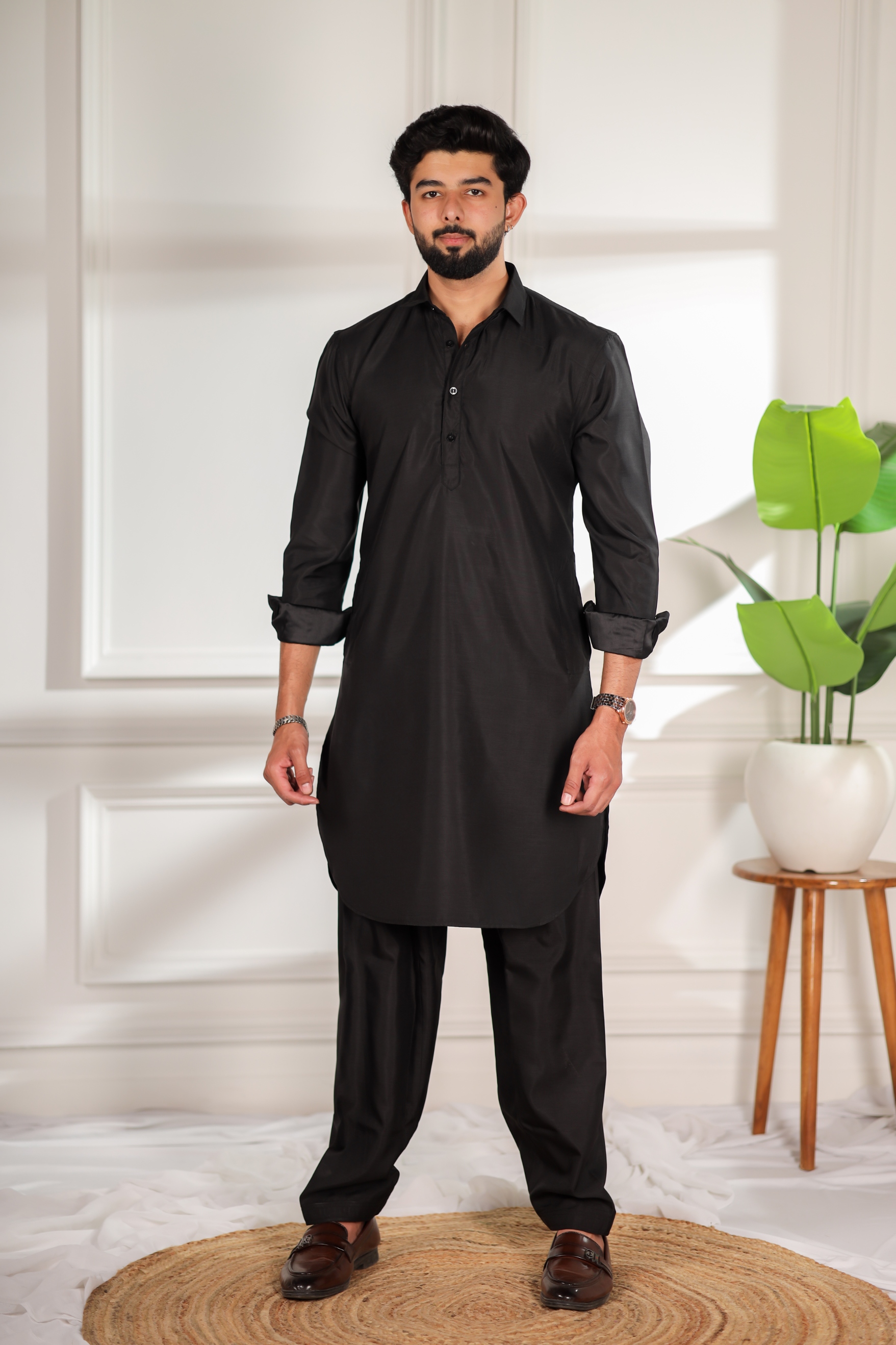 Black Solid Minimal Cotton Satin Pathani Kurta Pyjama
