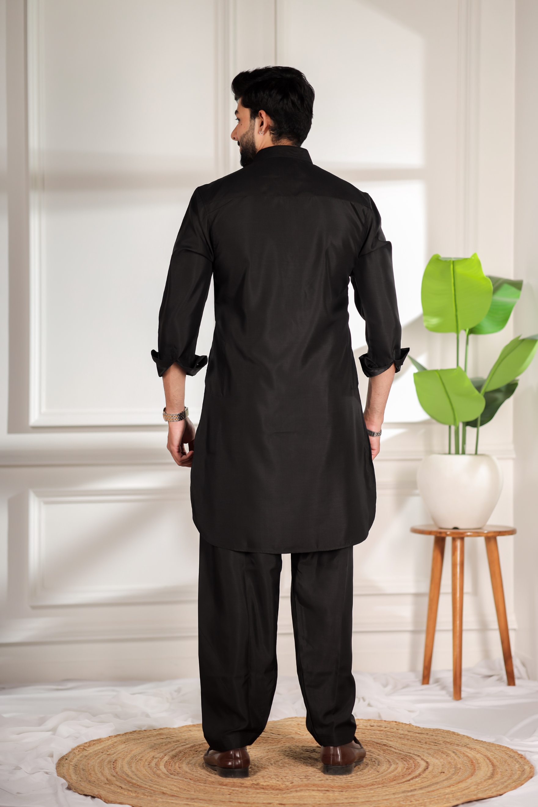 Black Solid Minimal Cotton Satin Pathani Kurta Pyjama — alternate view