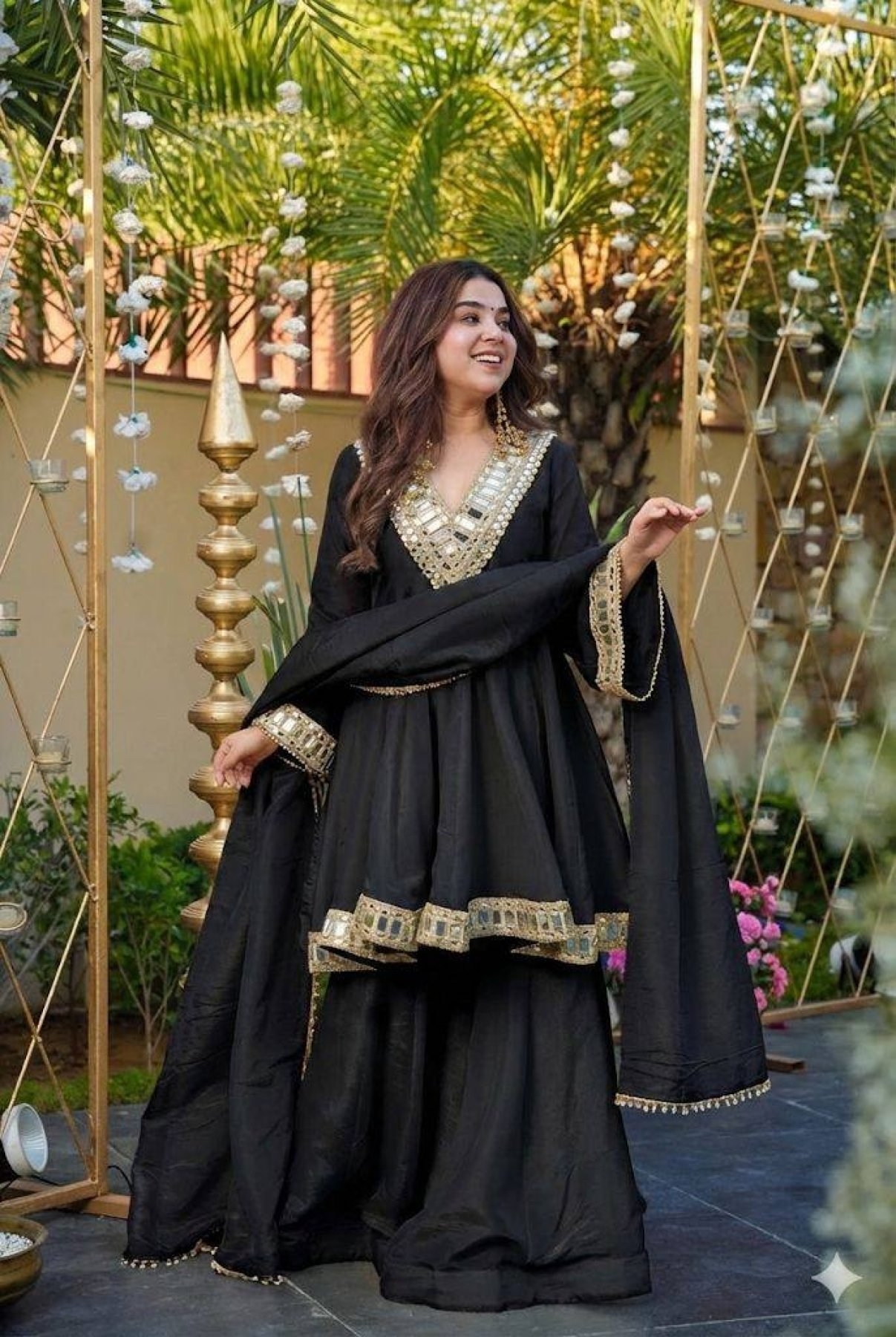 Black Solid Mirror Work Silk Anarkali Suit — alternate view