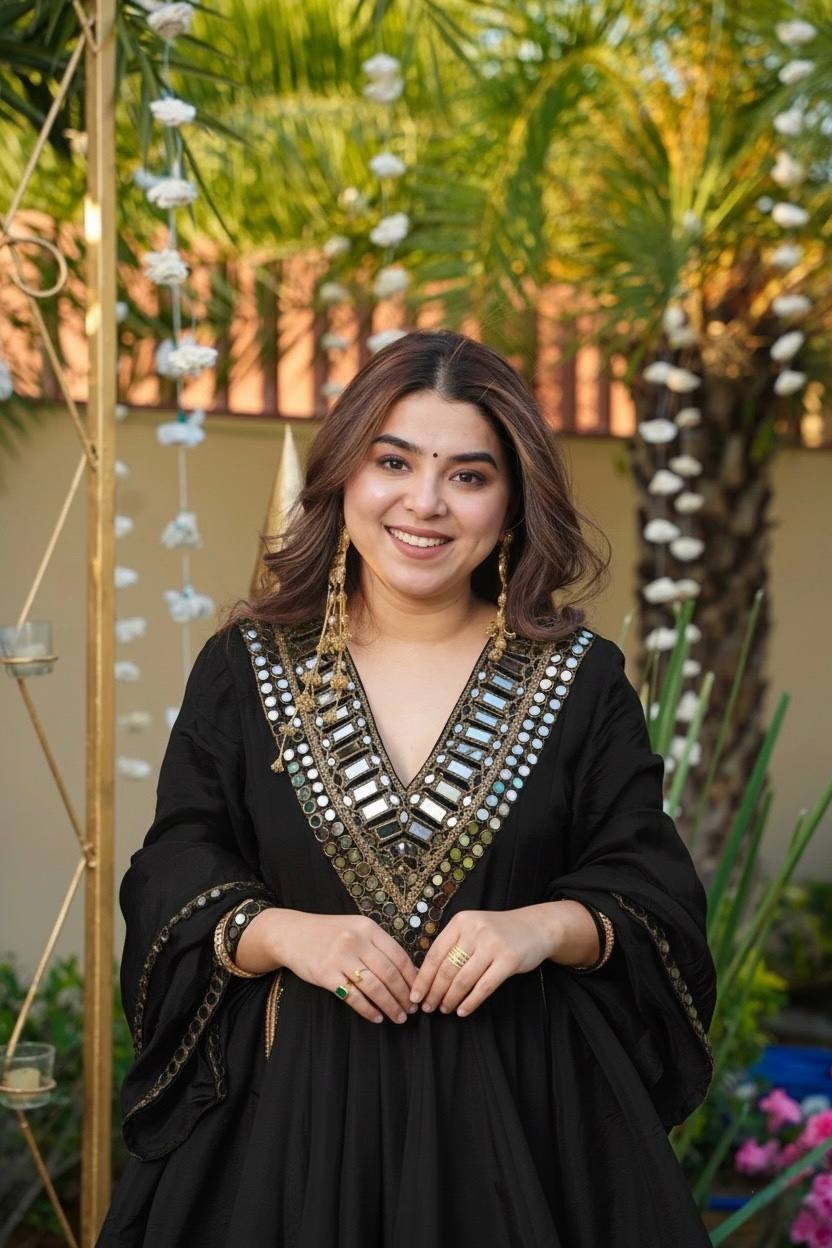 Black Solid Mirror Work Silk Anarkali Suit