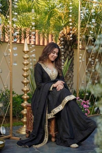 Black Solid Mirror Work Silk Anarkali Suit