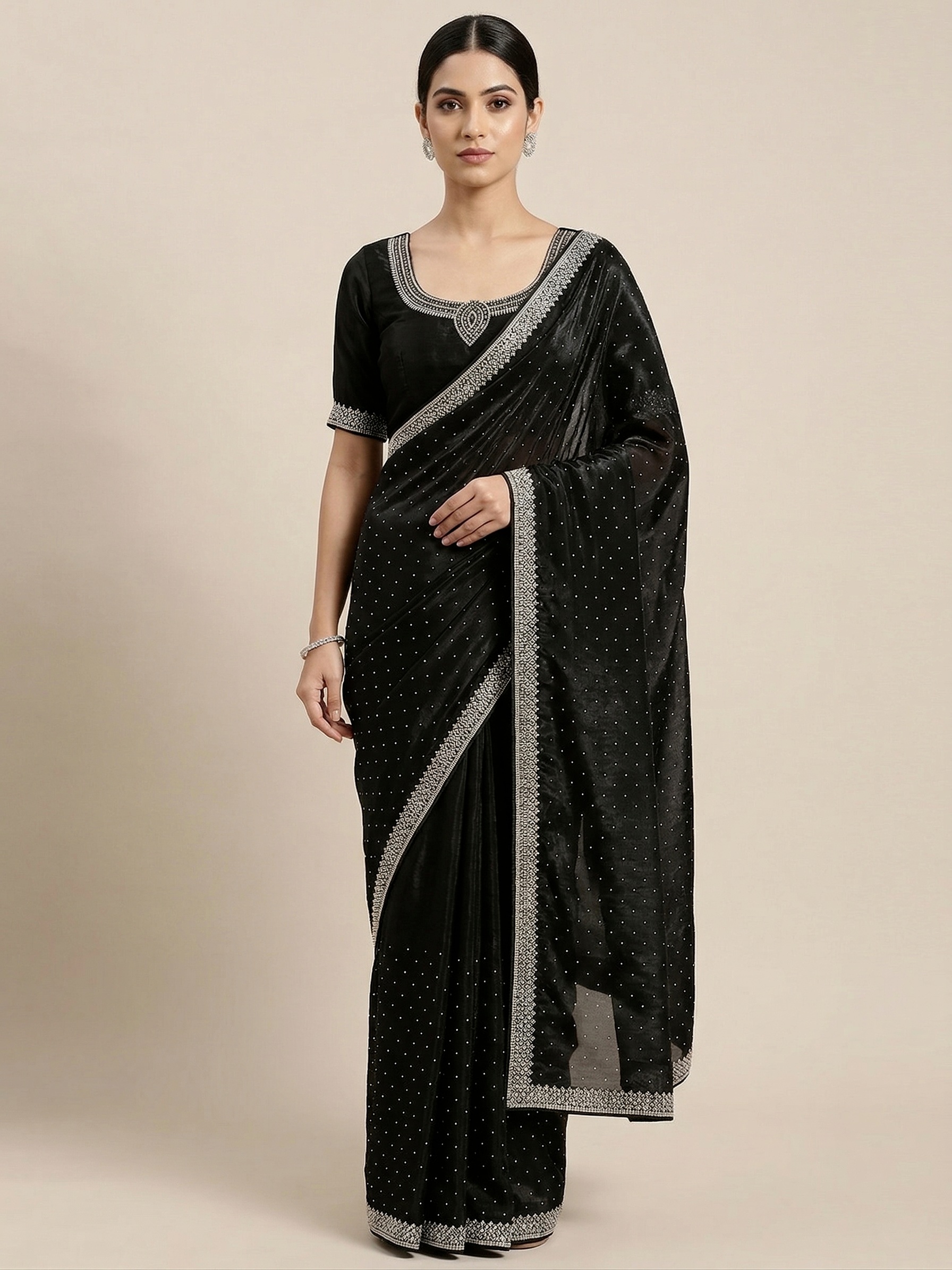Black Solid Zarkan Space Silk Saree
