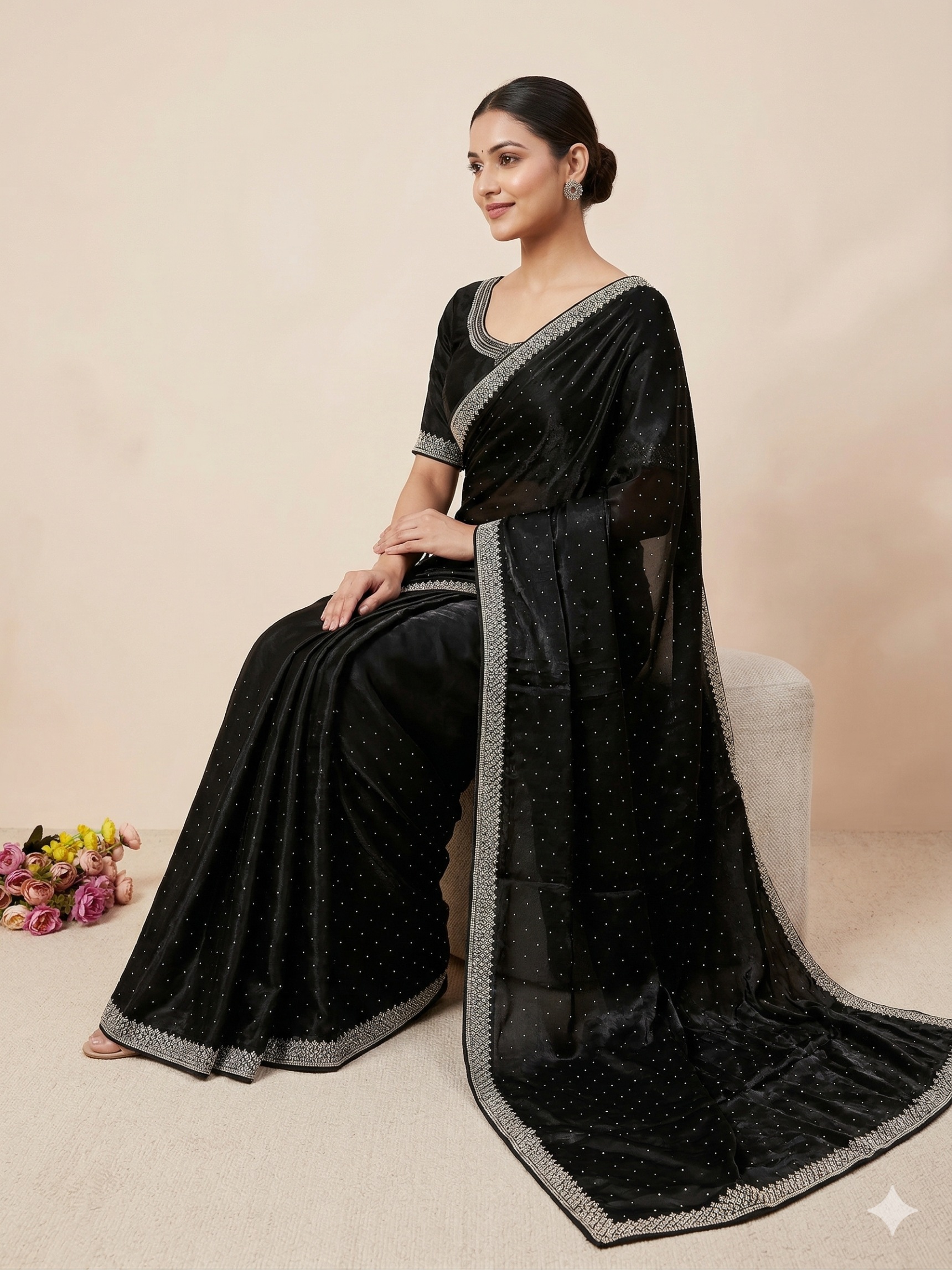 Black Solid Zarkan Space Silk Saree