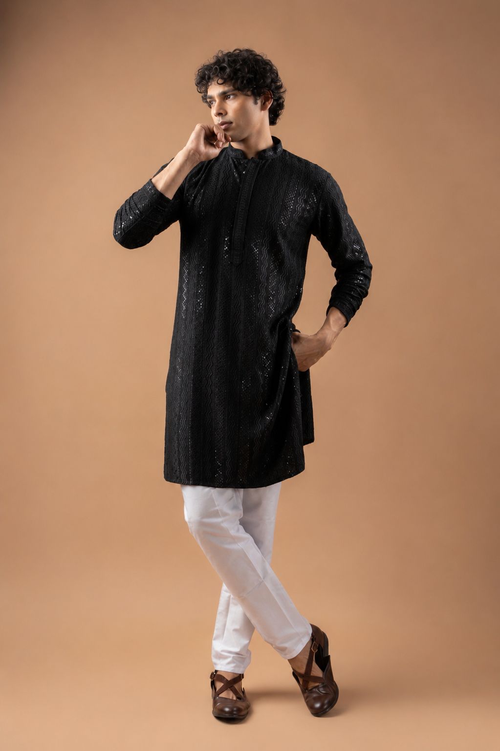 Black Stripe Embroidery Rayon Kurta Pyjama