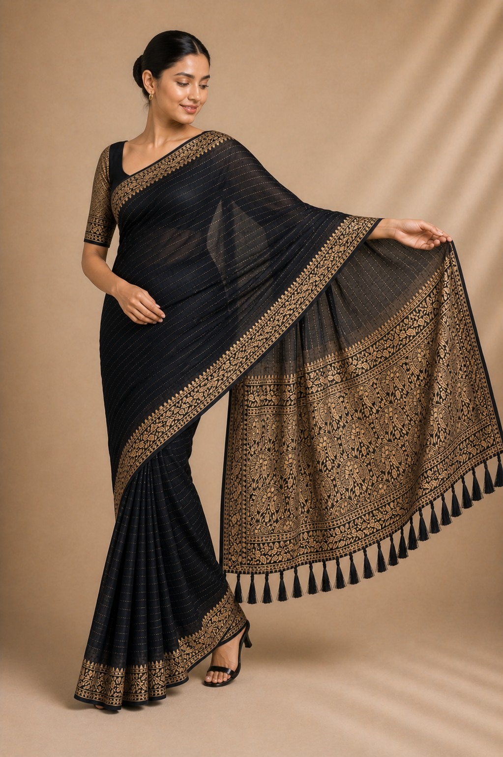Black Stripe Woven Chiffon Saree