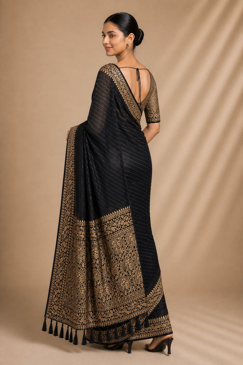 Black Stripe Woven Chiffon Saree — alternate view