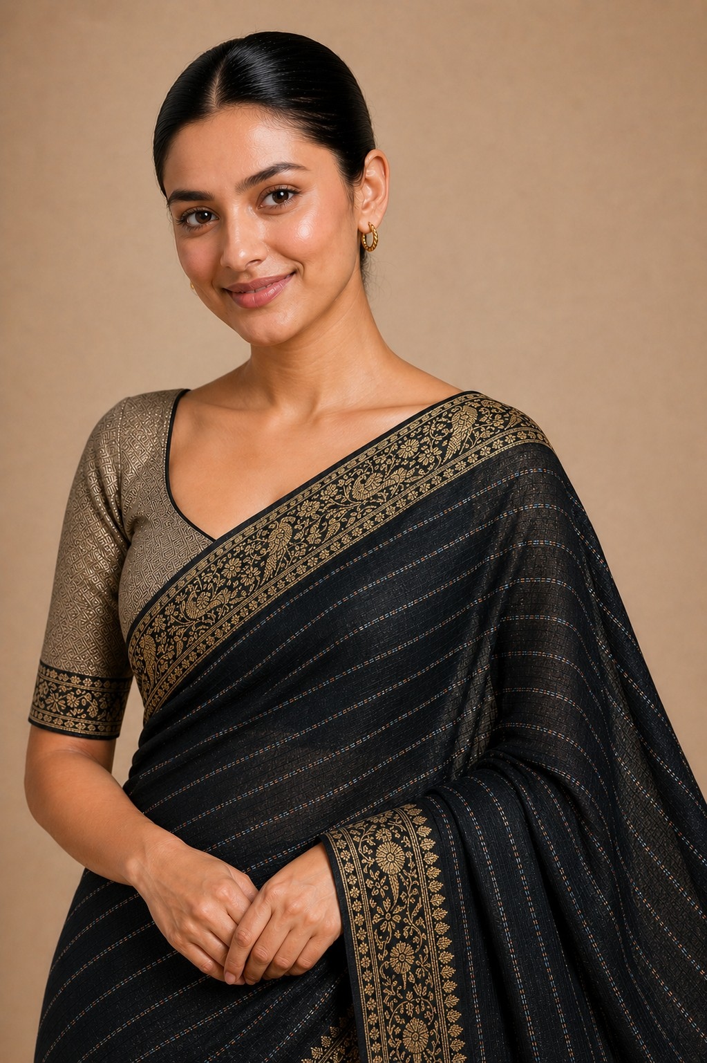 Black Stripe Woven Chiffon Saree