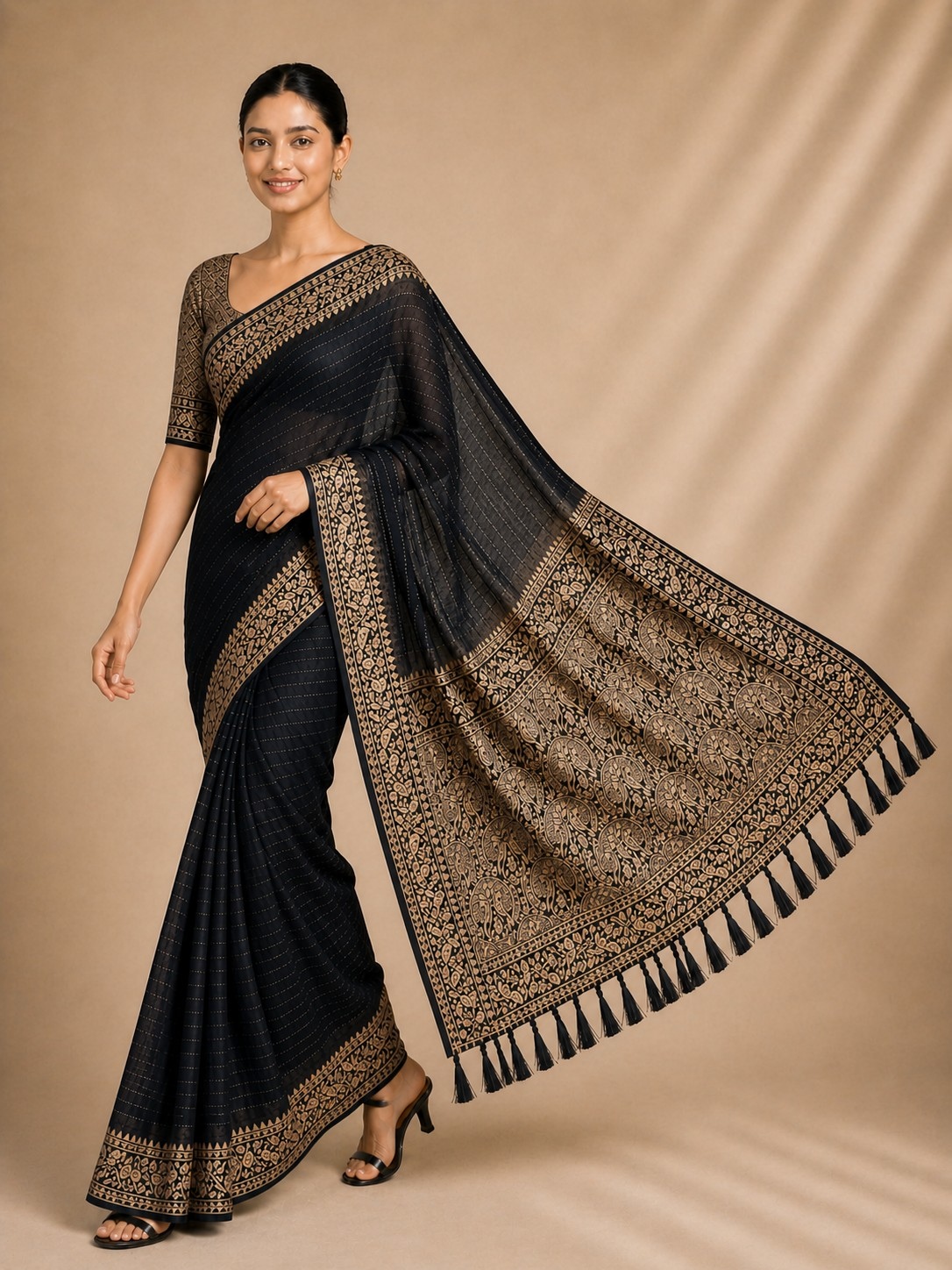 Black Stripe Woven Chiffon Saree
