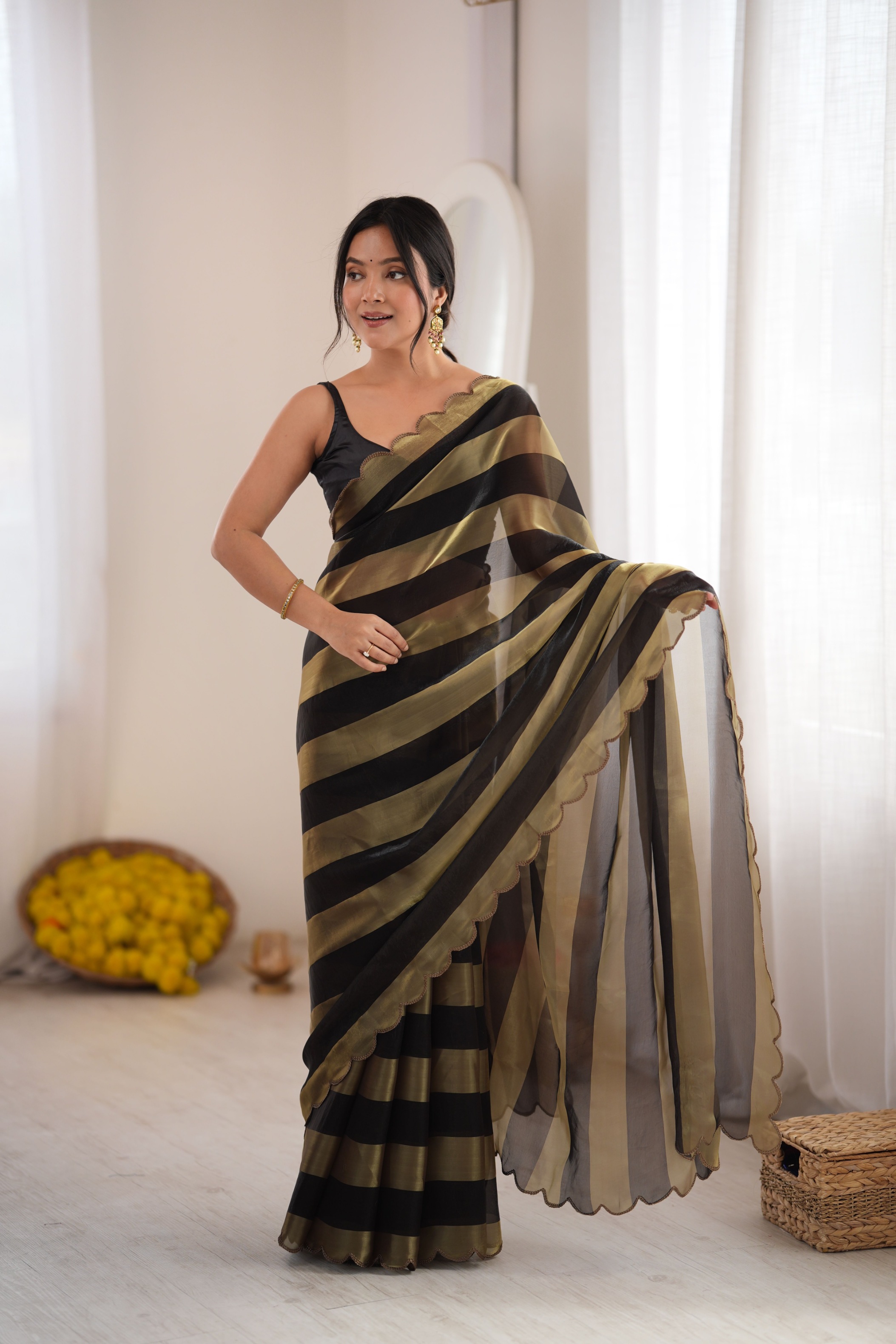Black Striped Woven Pattern Designer Satin Saree