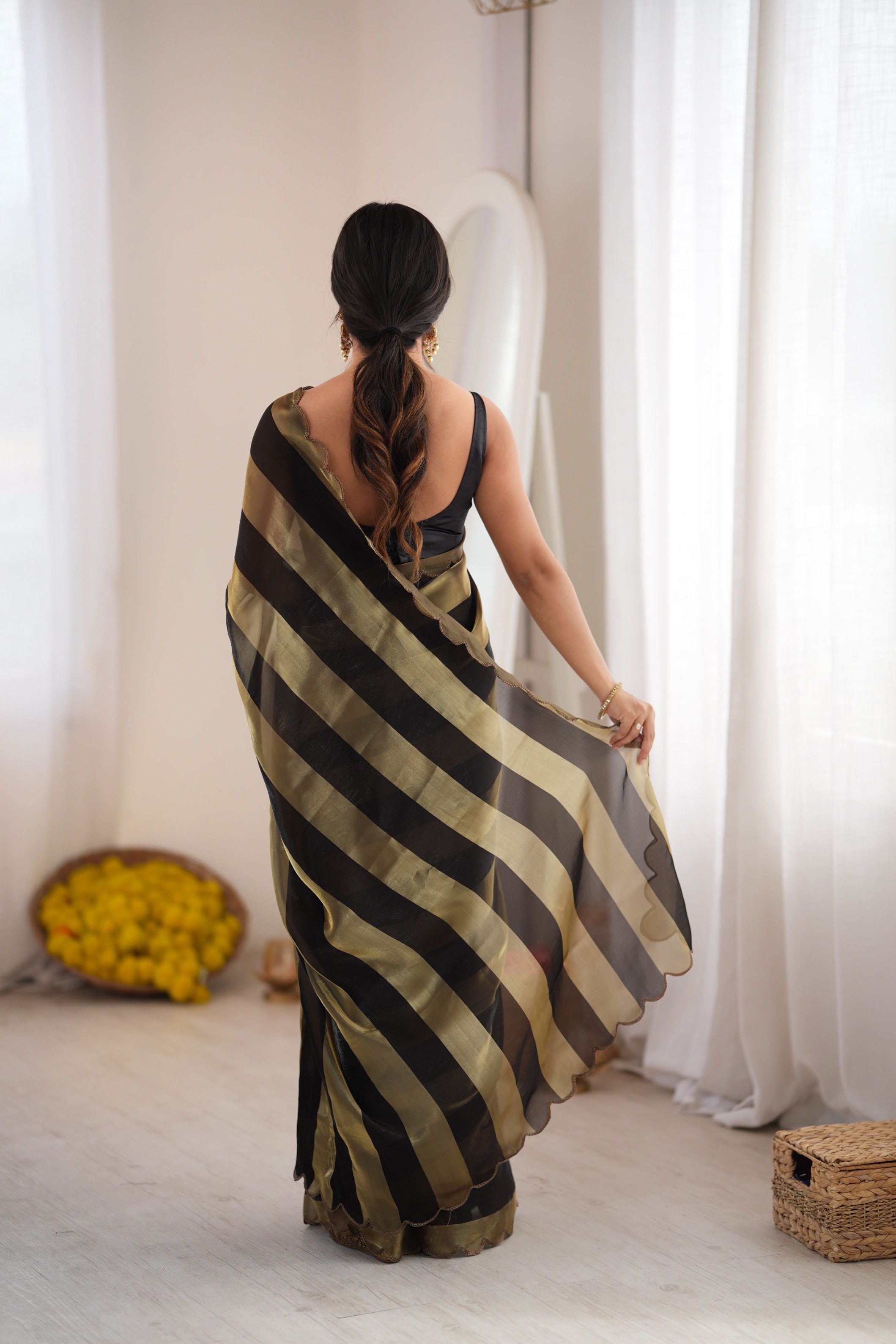 Black Striped Woven Pattern Designer Satin Saree — alternate view