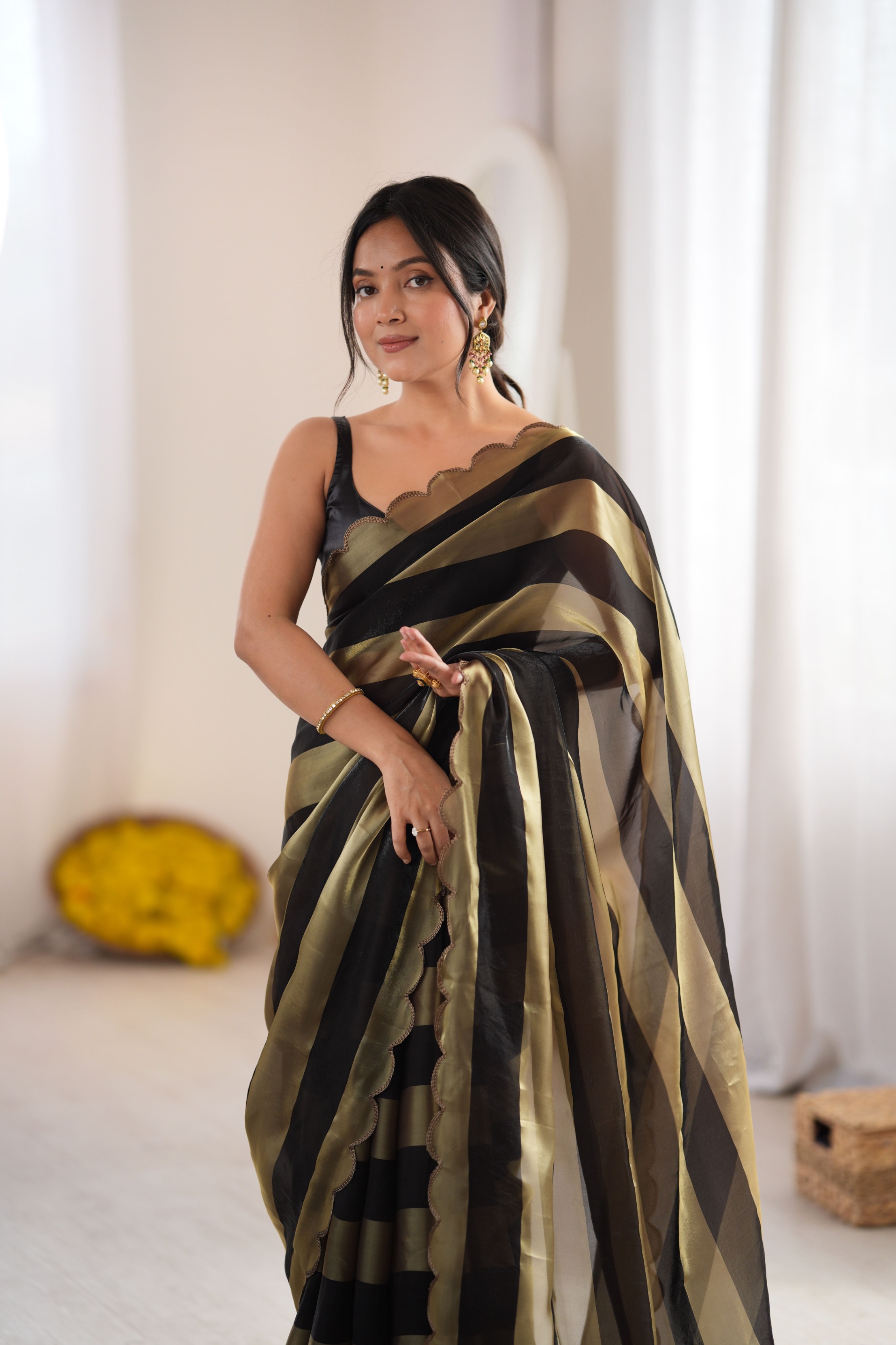 Black Striped Woven Pattern Designer Satin Saree