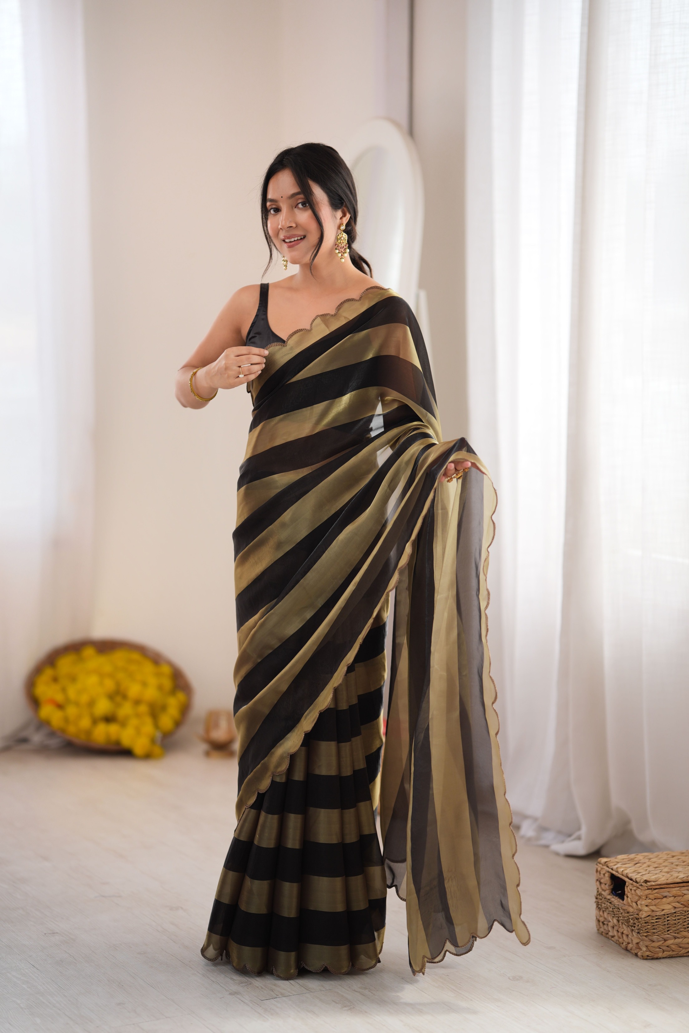 Black Striped Woven Pattern Designer Satin Saree