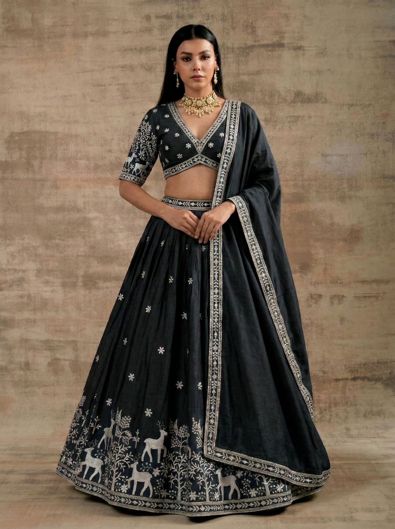 Black Traditional Embroidery Satin Silk Lehenga — alternate view
