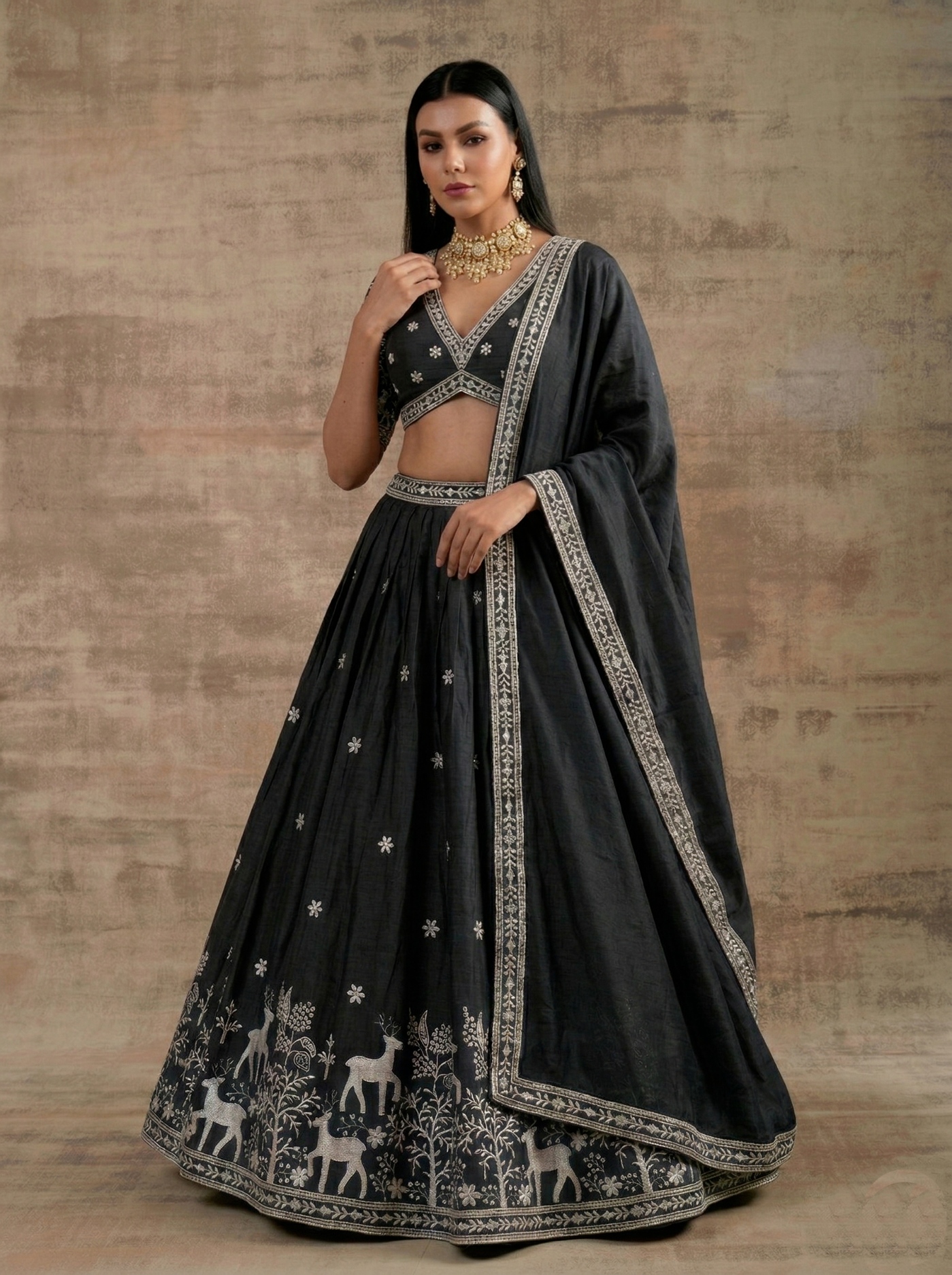 Black Traditional Embroidery Satin Silk Lehenga