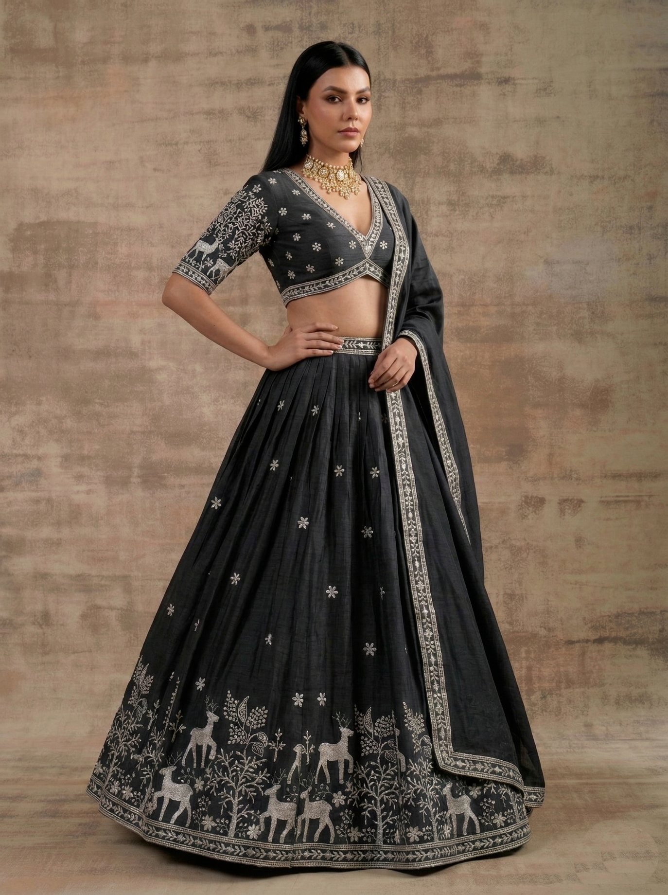 Black Traditional Embroidery Satin Silk Lehenga