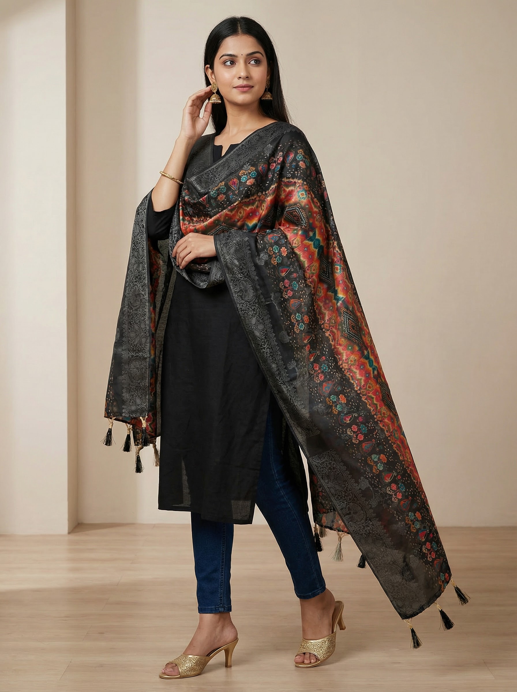 Black Tribal Ikat Print Jacquard Silk Designer Dupatta