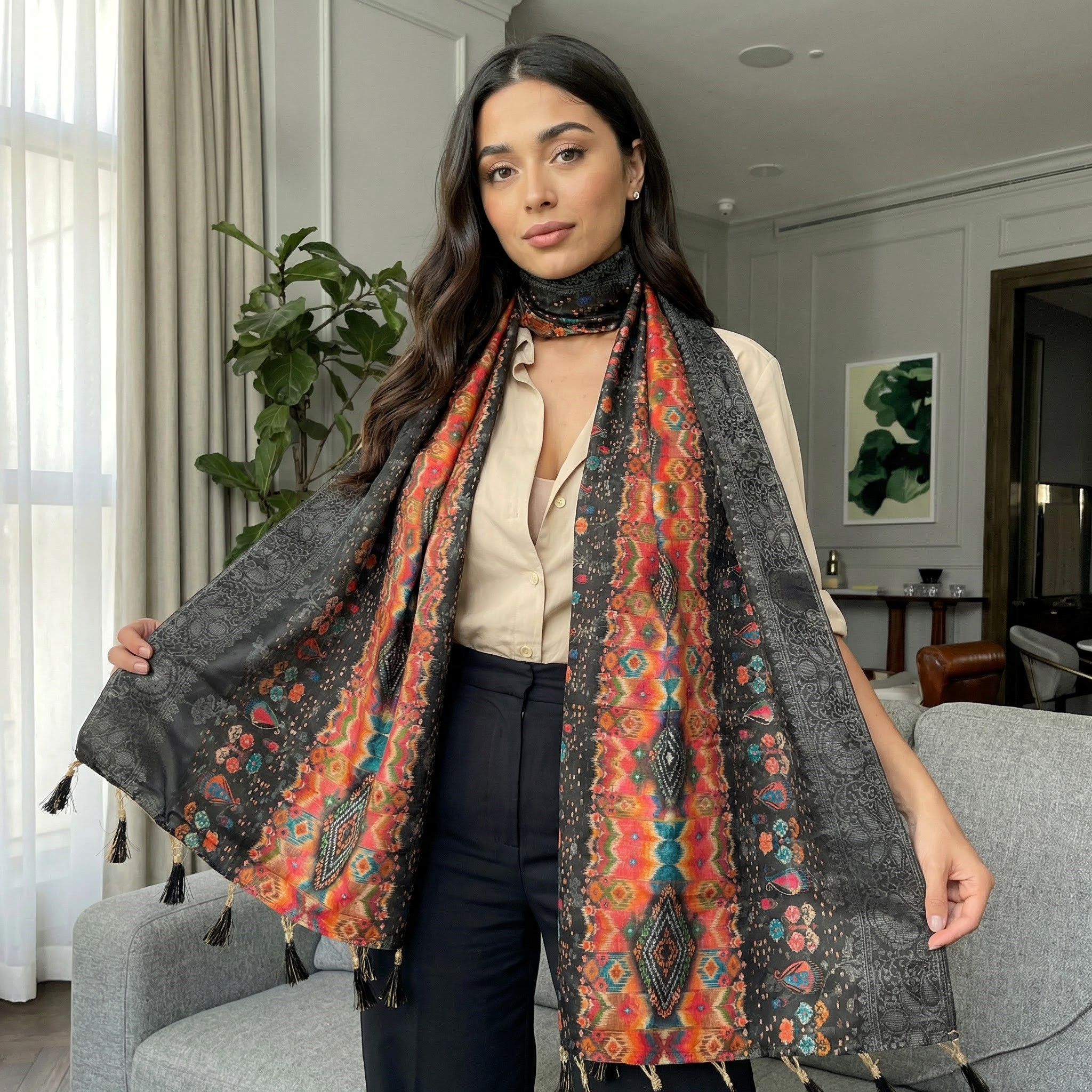 Black Tribal Ikat Print Jacquard Silk Designer Dupatta — alternate view